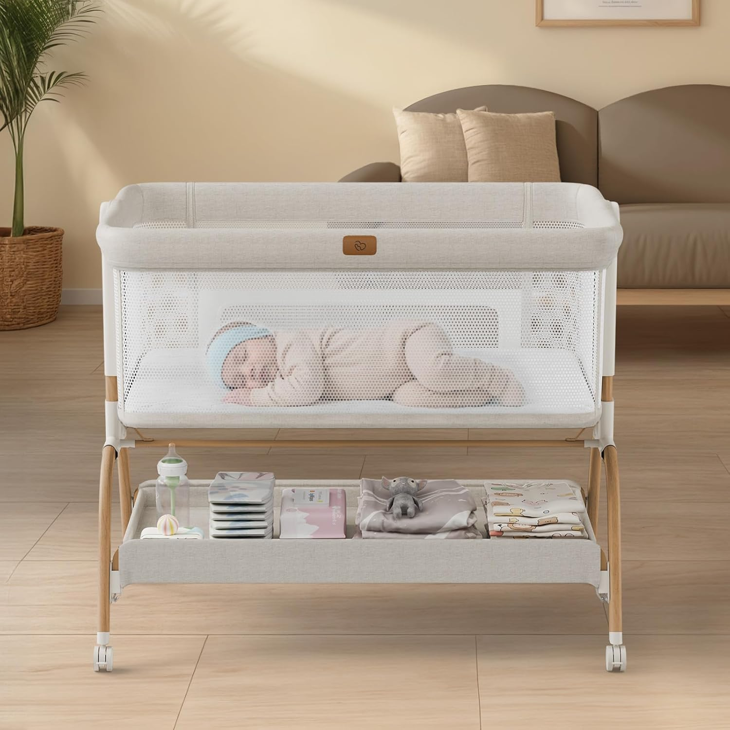Babybond Bassinet Bedside Crib, Stable and Secure Crib for Newborns, Beige