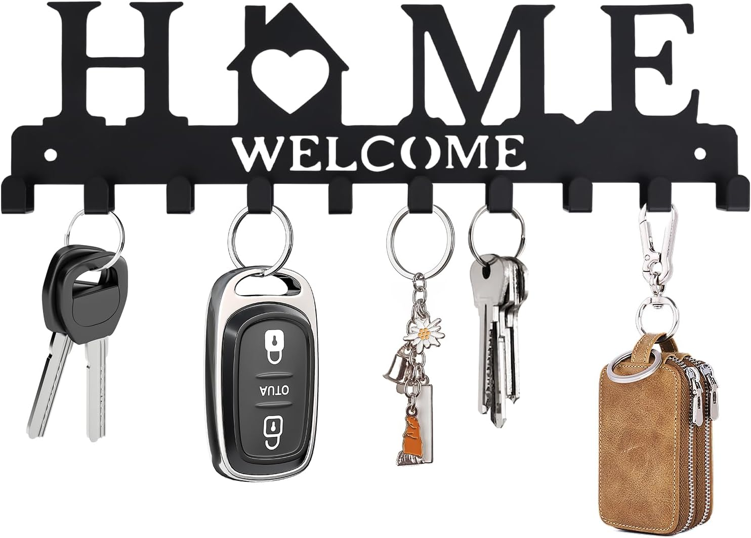 Key Holder Wall Mount Metal Adhesive Key Hanger with 10 Hooks, 2 Installation 