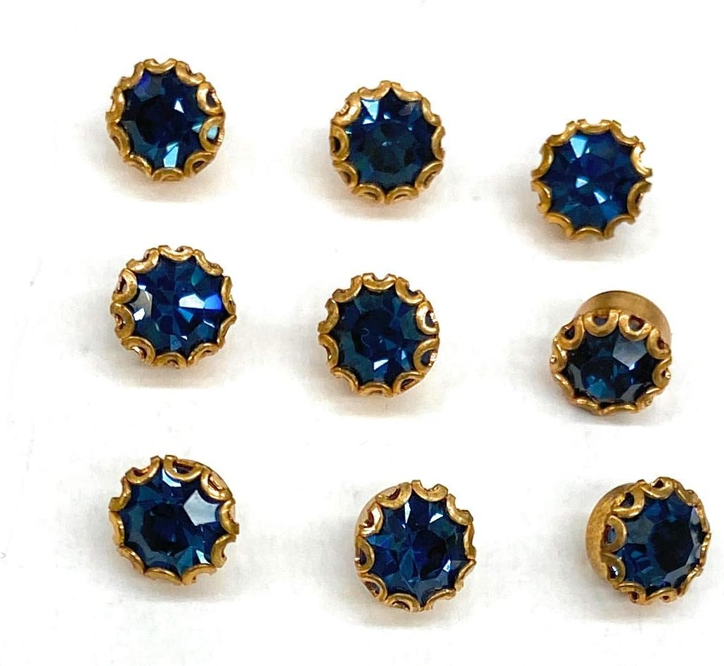 9 Small Turquoise Rhinestone Buttons Set - Setting in Gold 1/4'' 6Mm Nine Claws Crystal Rhinestone Buttons with Shank Plating, Blouse,Shirts, Formal Evening, 9Pc. ()