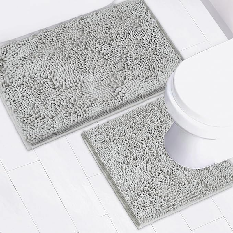 Bathroom Rugs Chenille Bath mat 2 Piece Set, Super Absorbent, Strong PVC Non Slip Backing, Bath mats for Bathroom, Plush Shaggy, Thick, Machine Washable, Bathtub, Toilet.(Light Grey)
