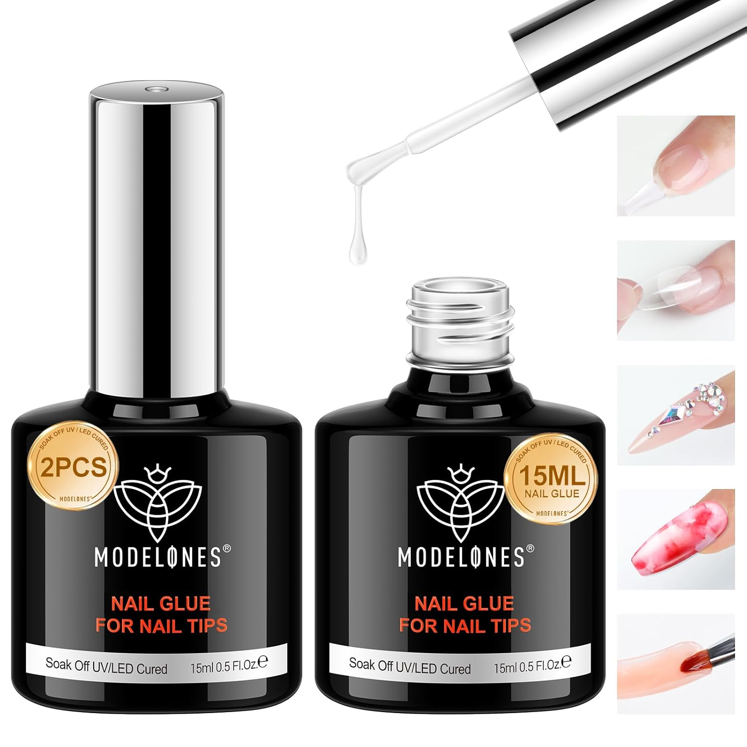 9 in One Gel Nail Glue Brush on Nail Glue 15 Ml for Tips, Rhinestones, Base Coat, Blooming Art Gel Kit for Acrylic Tips U V Lamp Needed 2Pcs