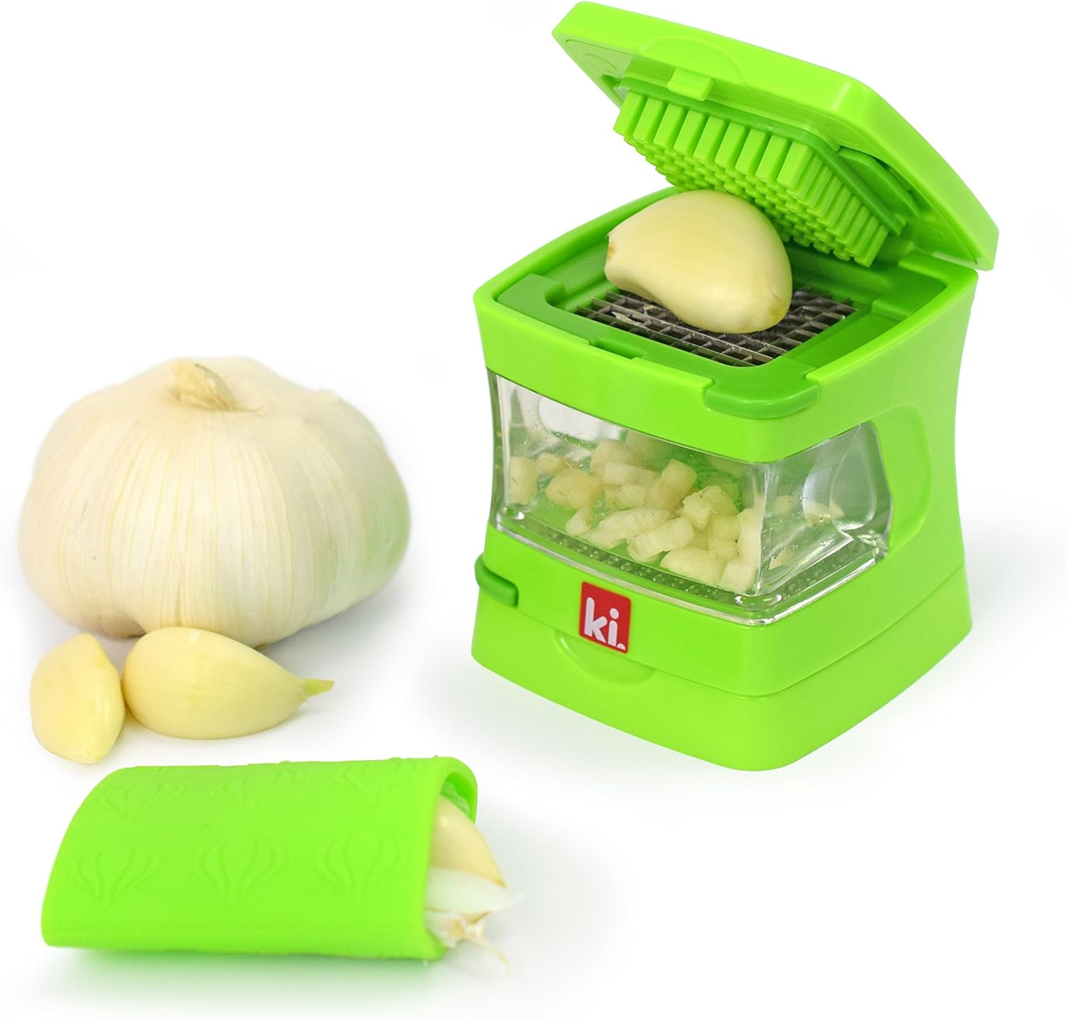 Garlic-A-Peel Garlic Press, Crusher, Cutter, Mincer, and Storage Container - Includes Silicone Garlic Peeler - Easy to Clean - Stainless Steel Blades – (Green), Standard