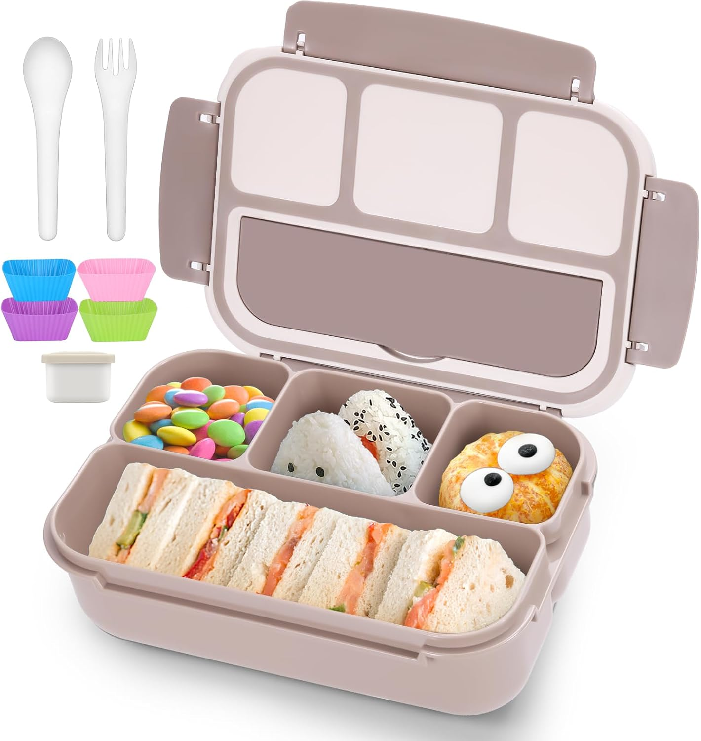 Bento Box Lunch Box, Lunch Containers for Adults Men Women, Kids Lunch Boxes for School with 4 Compartments, Sauce Container, Utensils and Muffin Cups, Brown