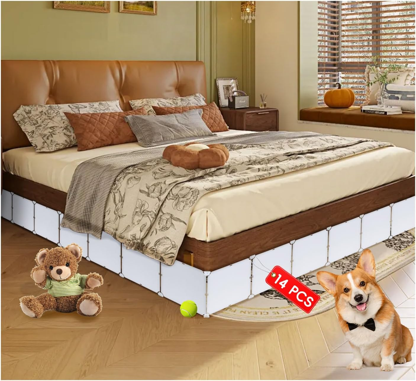 under Bed Blocker for Pets 11.8" Height 166" Length in Total Adjustable Bed Blockers to Keep Cats/Dogs Out from under Beds Fit Queen, King Bed 2 Sides, Easy to Use, White