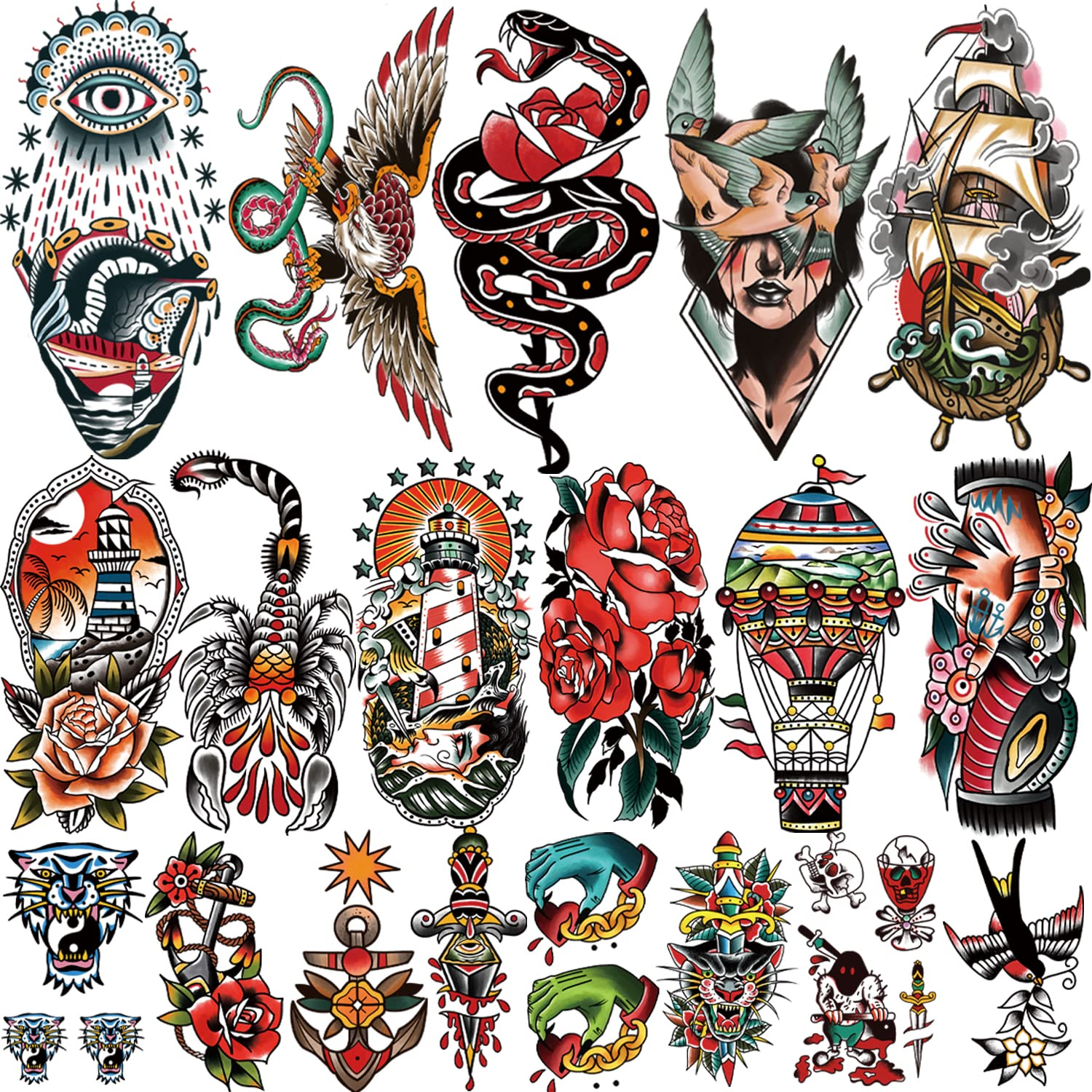 77 Sheets Classic Temporary Tattoos Adult, Old School Tattoos Stickers, Sailor Jerry Style Fake Tattoo, American Traditional Flower Rose Arm Temporary Tattoos for Women Men Kids