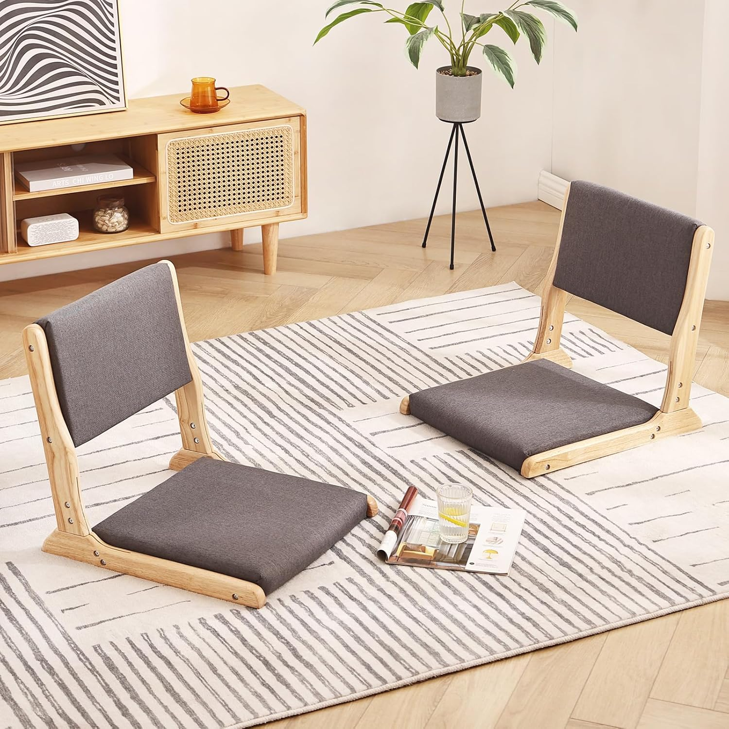 Tiita Floor Chair with Back Support, Foldable Meditation Tatami Chairs, Backrest Chair with Cushion, Living Room Chair Seat 2 Pack, Wood Dark Grey