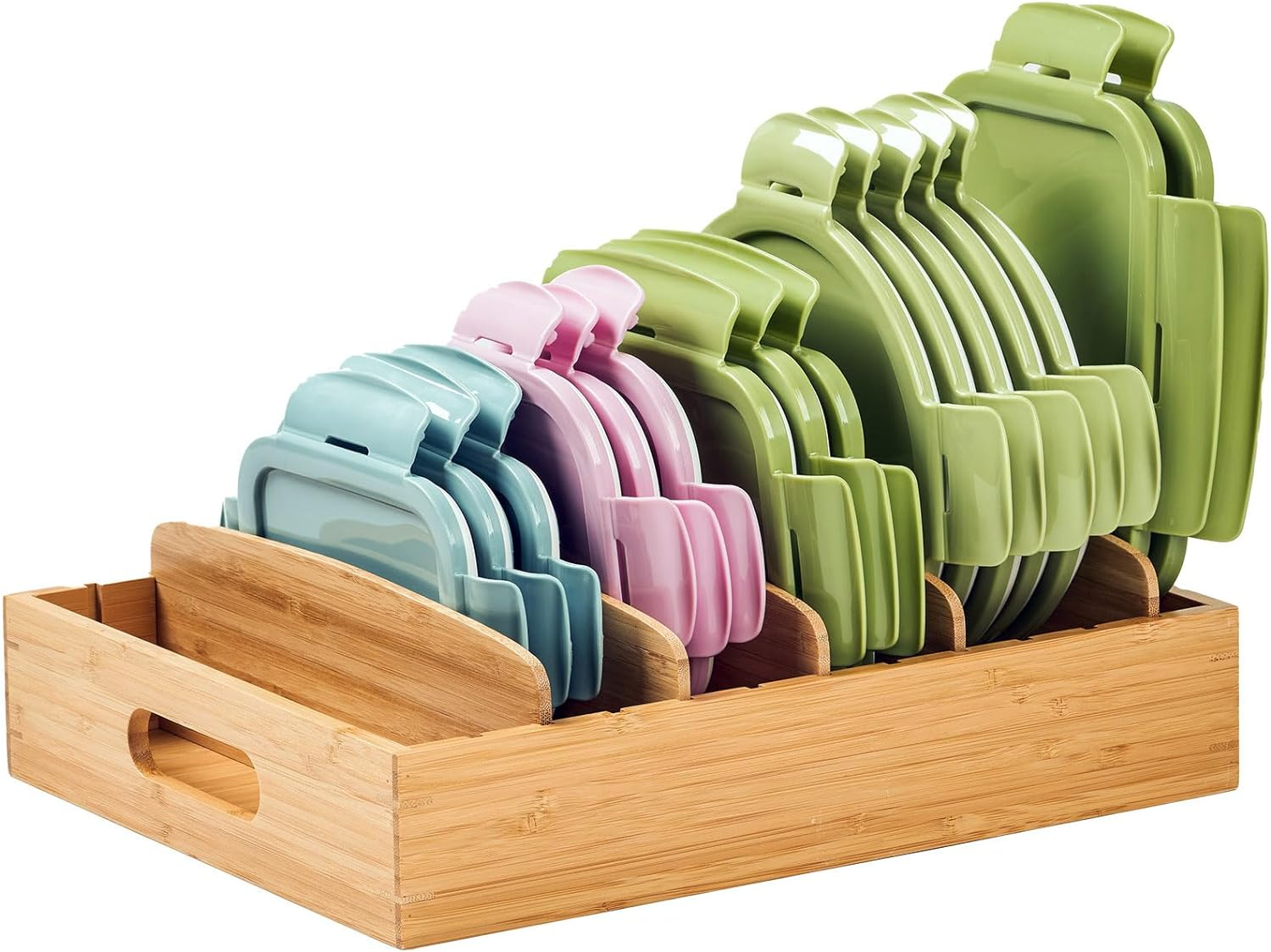 Kitchen Cabinet Organizer for Food Storage Container Lids, with Adjustable Dividers, Bamboo Drawer Caddy, Box for Kitchen Storage And Organization