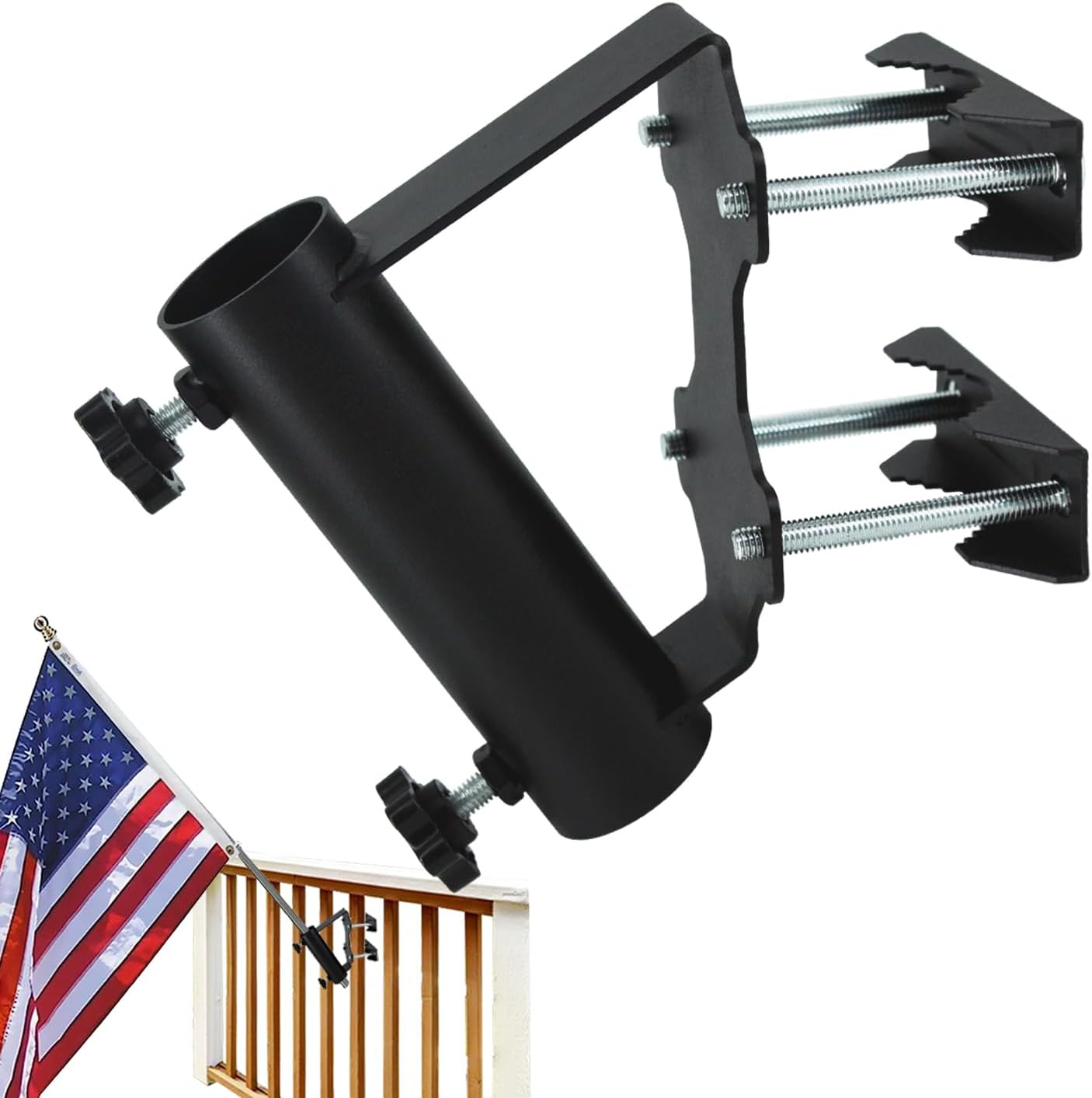 Heavy Duty Flagpole Mount Bracket for Balcony Railing Truck Flag Pole Holder Clamp,Flag Pole Holder for outside House,Horizontal and Vertical Railings Installation,Wind Resistant,Rust Free