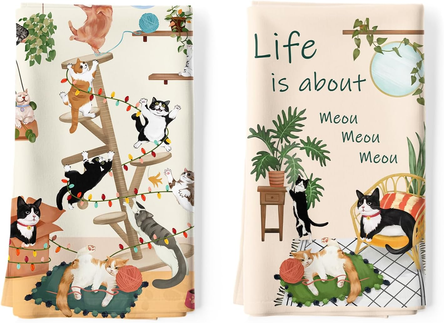 Cute Cat Tea Towels, Cotton Kitchen Towel 18.9 × 27.5 inch, Quick Drying Dish Cloth for Party Anniversary Holiday Decoration Housewarming Gifts
