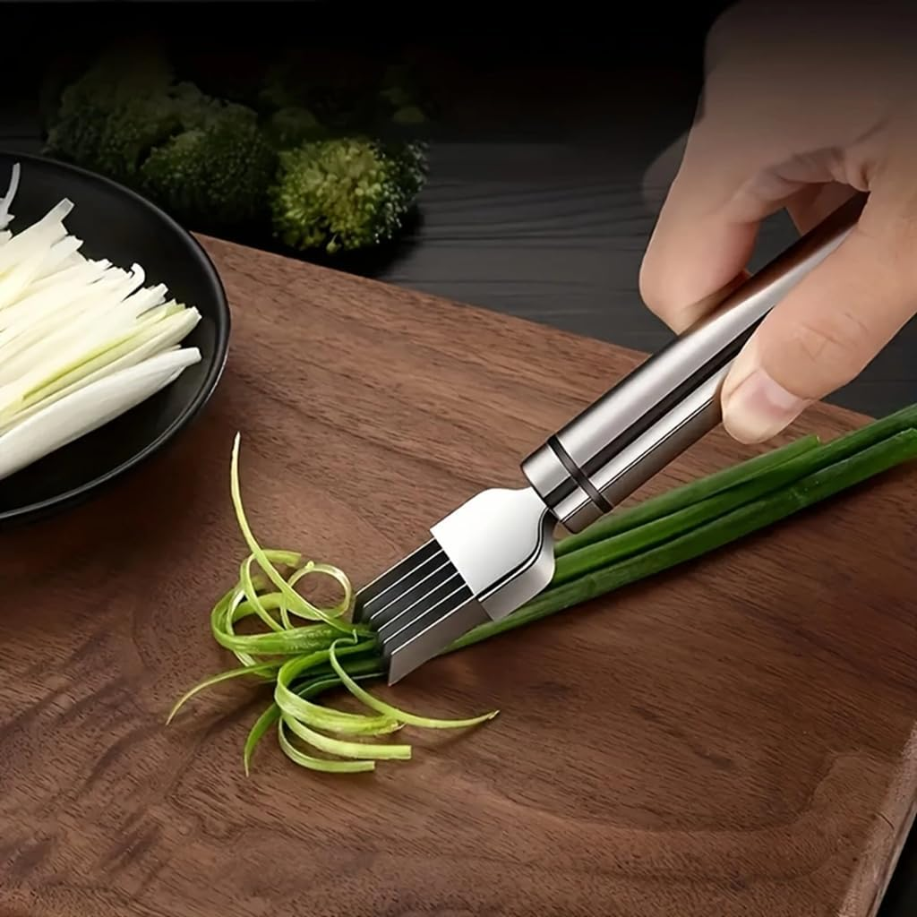 Stainless Steel Green Onion Slicer, Multi-Blade Kitchen Herb Cutter, Professional Scallion Shredding Tool (1, Silver and Black)