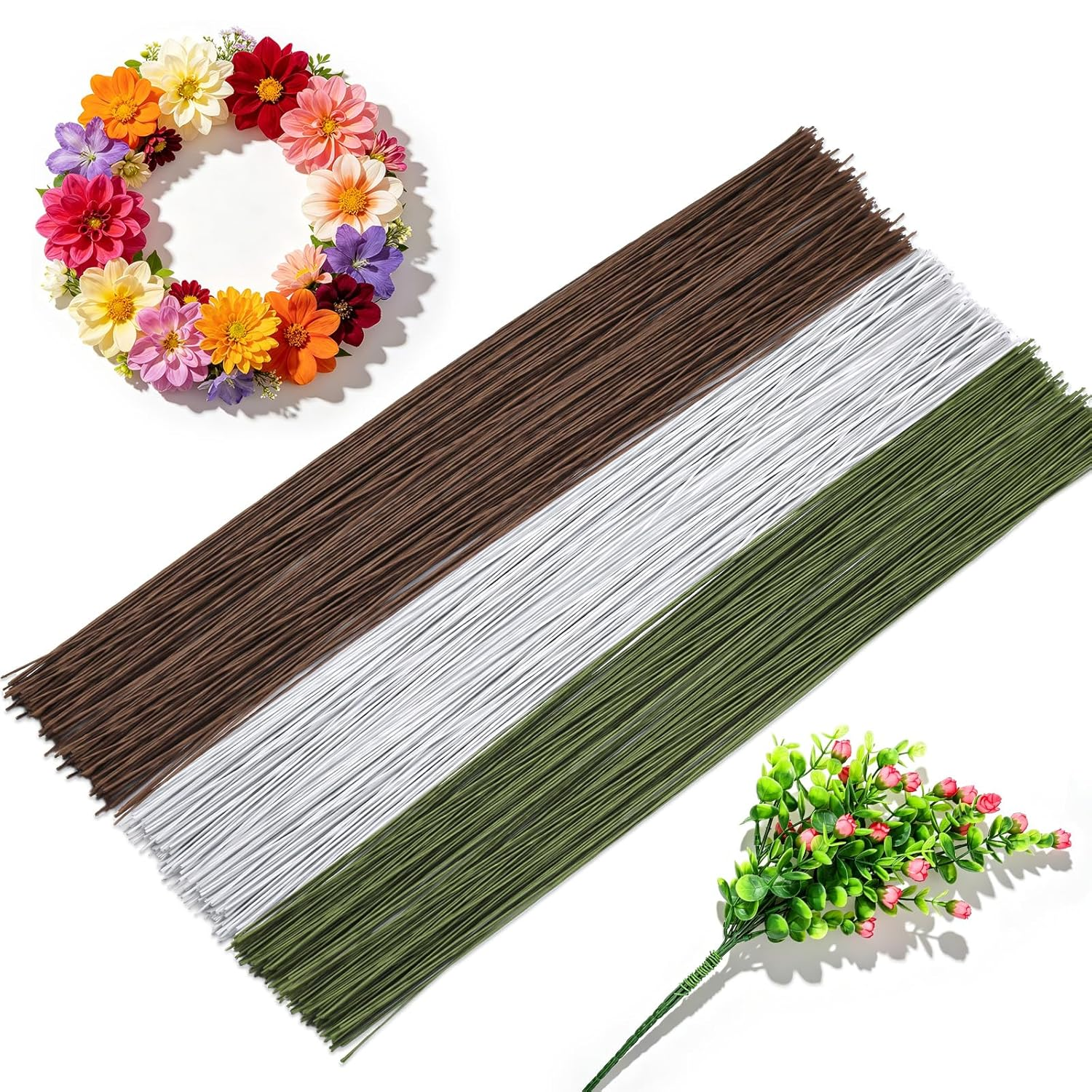 Blumendraht-Set, 300 Stück, 26 Gauge, Papierummantelter Floristikdraht, 3 Farben 14 Inch Lang, Flexibler Basteldraht Für Blumenarrangements, Sträuße, Diy-Projekte Und Häkelblumen (Grün, Weiß, Braun)
