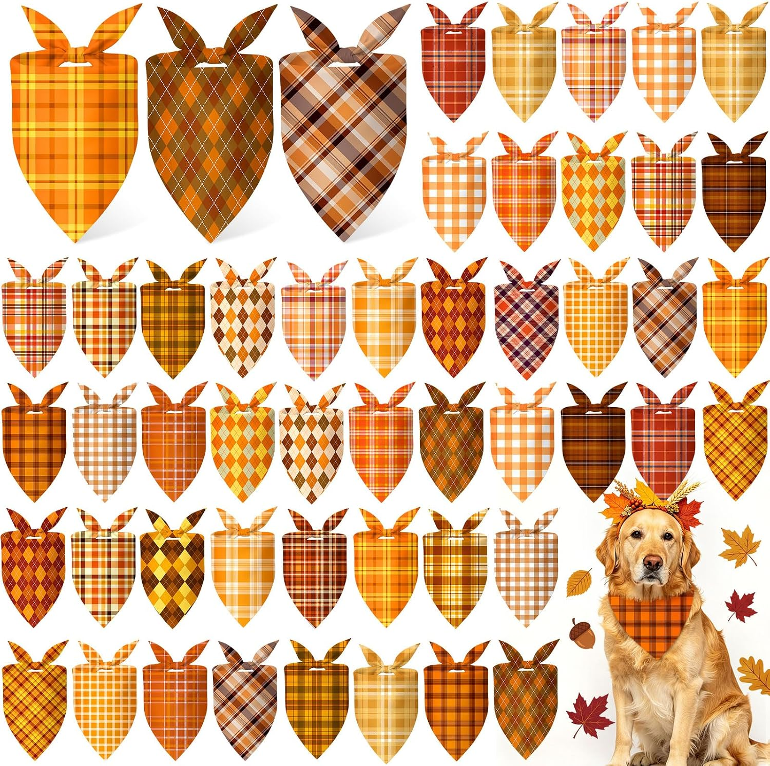 200 Pcs Fall Thanksgiving Plaid Dog Bandanas Bulk, Gingham Checkered