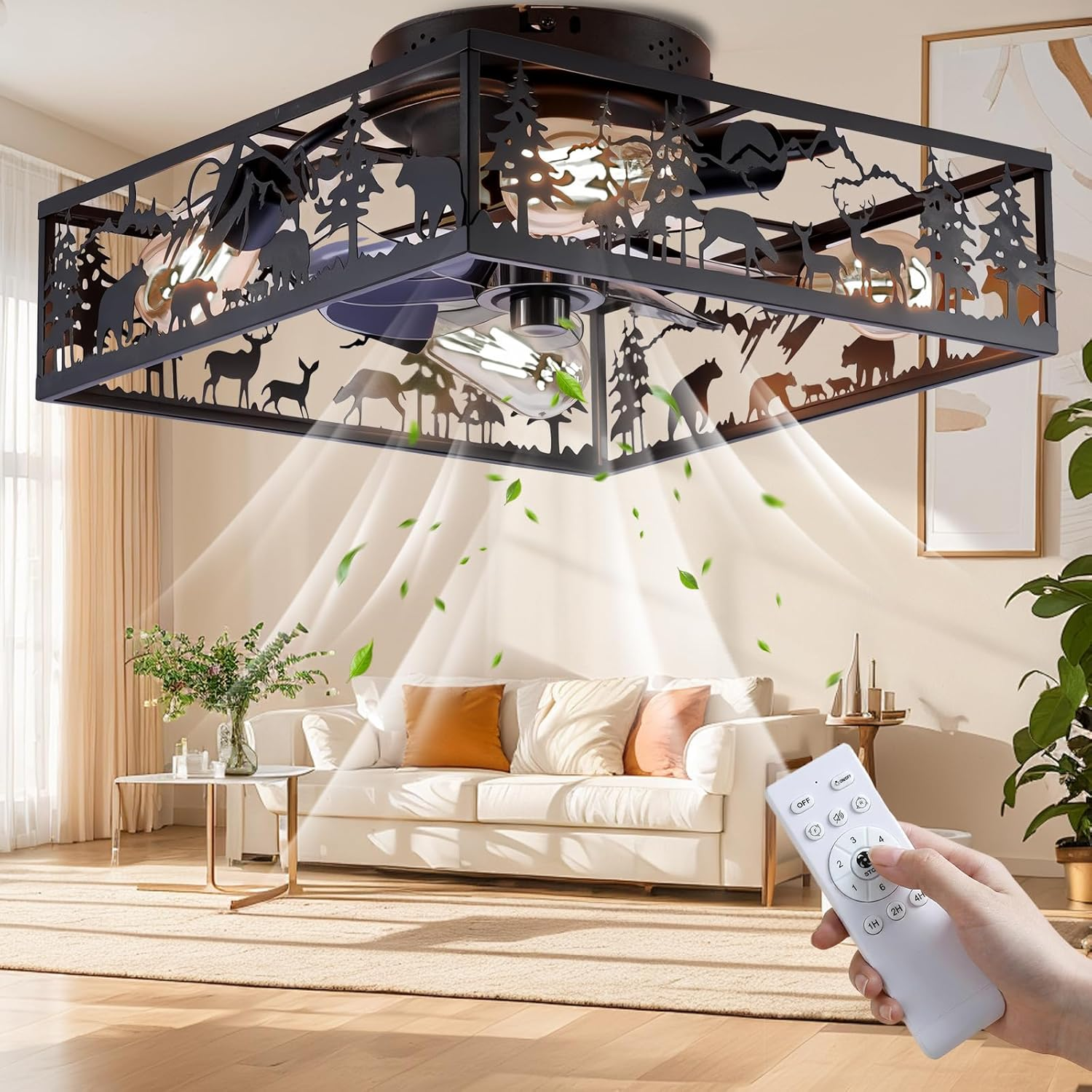 Farmhouse Rustic Ceiling Fan with Light and Remote Control-Bear Deer Style,6 Speeds Black Square Chandelier Fan Lights Fixtures for Living Room, Bedroom, Entryway Lighting, Hallway
