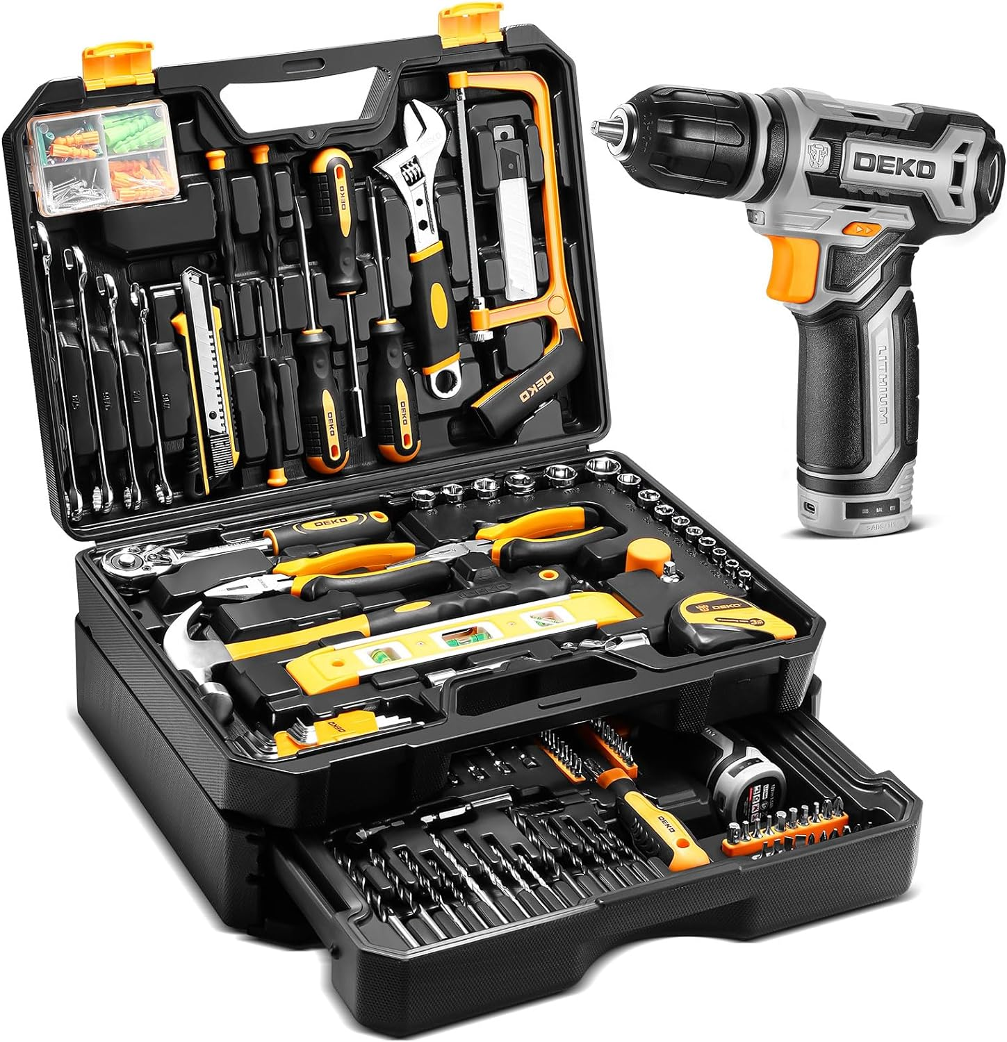 Caja de herramientas para mecánico casero con taladro inalámbrico de mano de 12 V