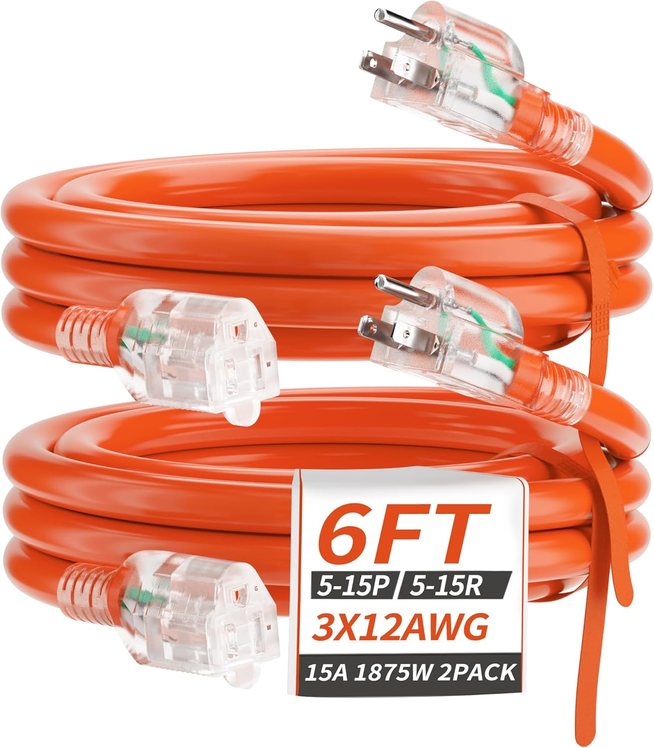 6FT 2Pack 12 Gauge Extension Cord, Short Extension Cord, Orange