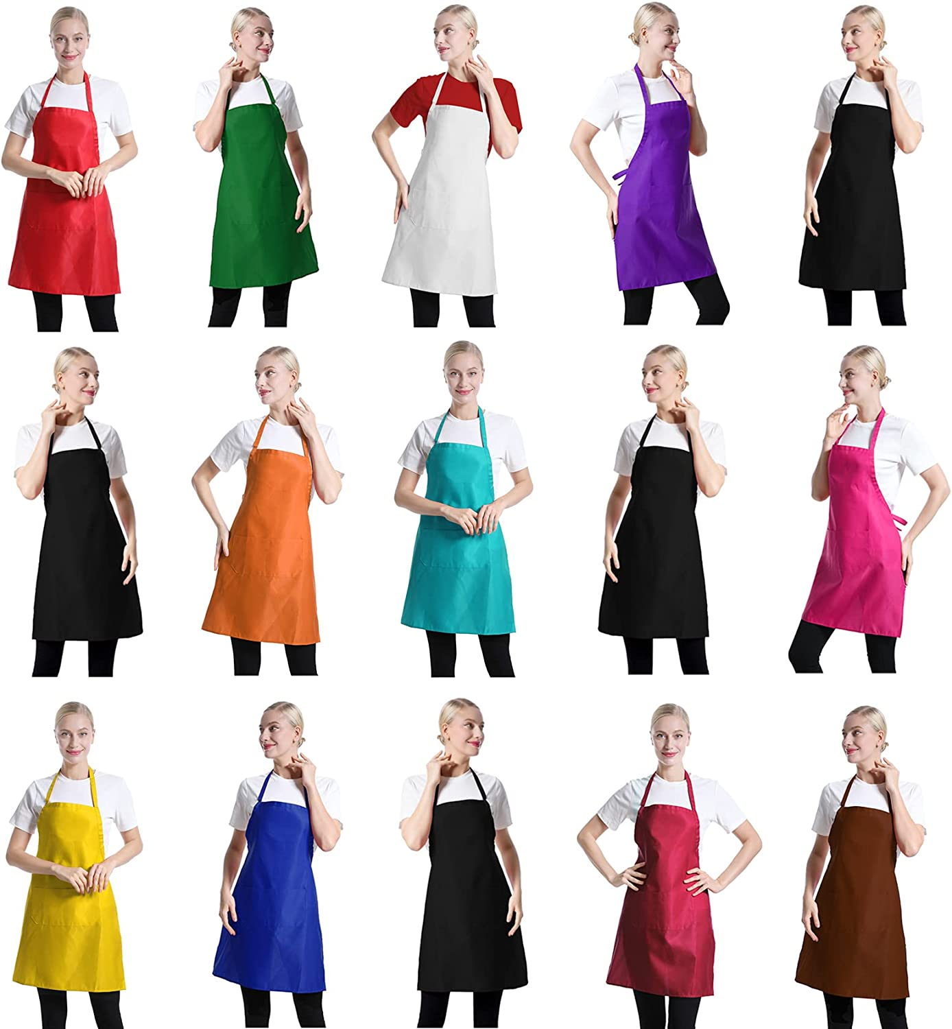 Total 15 PCS Mixed Plain Color Bib Aprons Bulk for Women Men Adult with 2 Front Pockets Chef Cooking Painting Baking(12Colours,15Pcs)