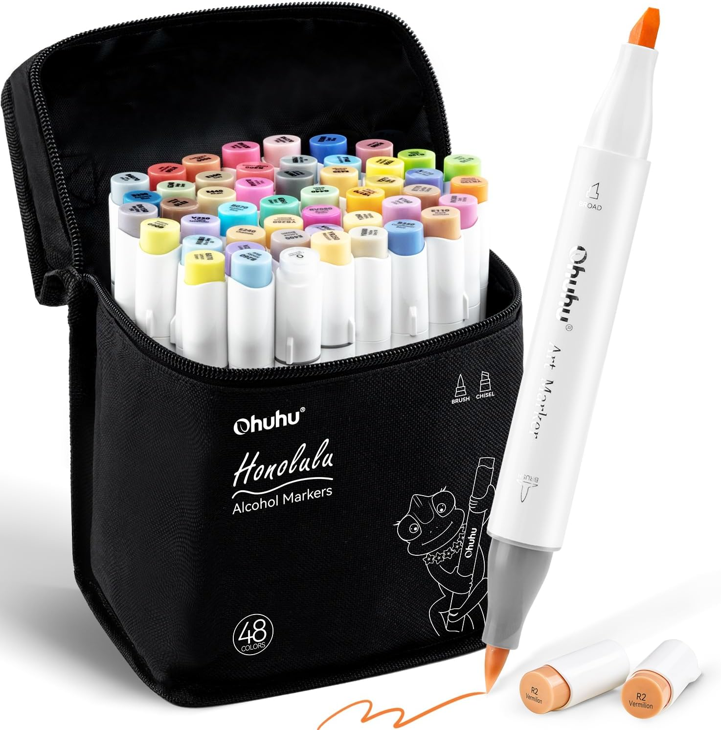 Ohuhu Alcohol Brush Markers 48 Mid-Tone Colors- Double Tipped Alcohol Based Art Marker Set for Artists Adults Coloring Sketch Illustration- Brush & Chisel Dual Tips- Honolulu- Refillable