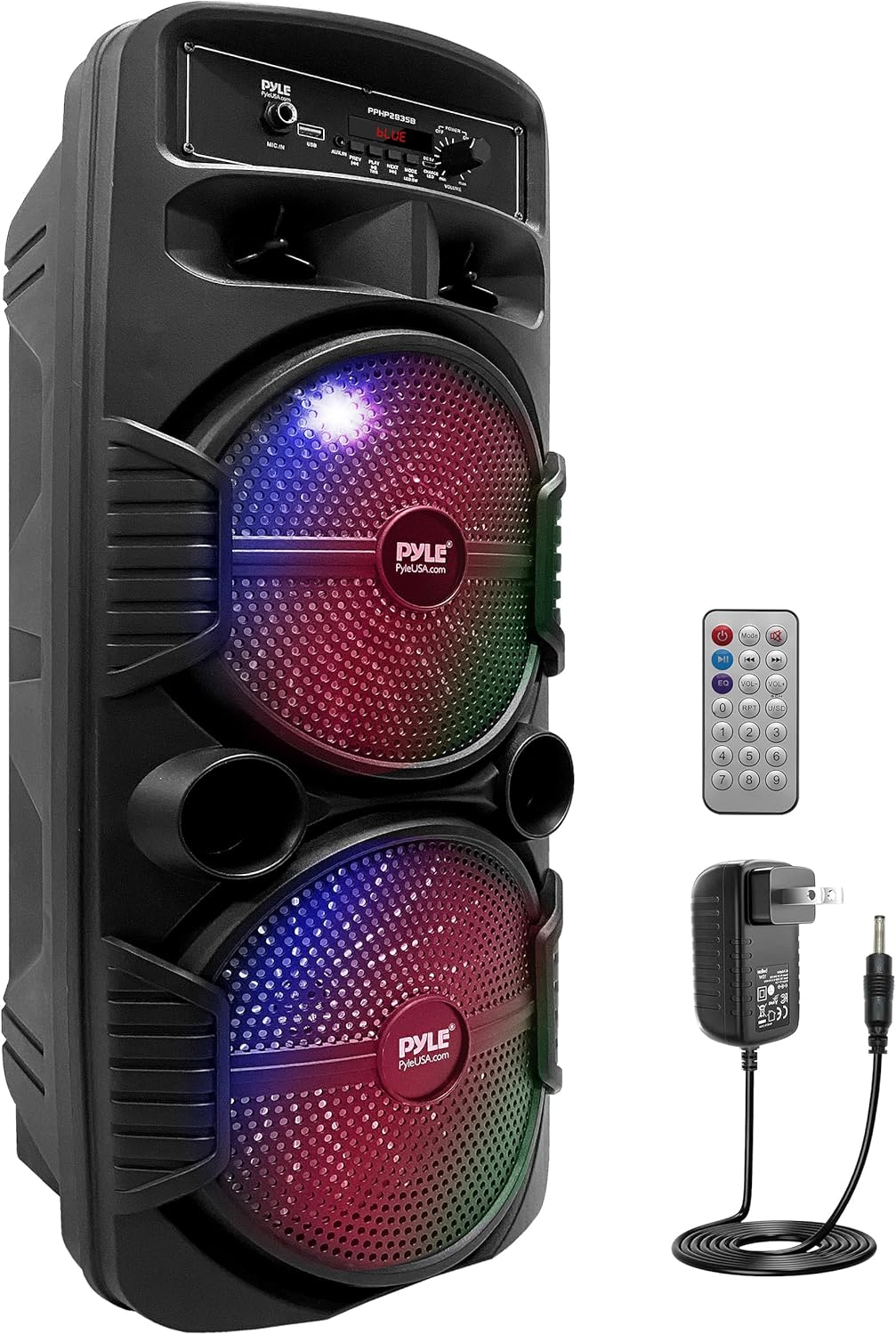Portable Bluetooth PA Speaker System - 600W Rechargeable Outdoor Bluetooth Speaker Portable PA System W/ Dual 8” Subwoofer 1” Tweeter, Microphone In, Party Lights, USB, Radio, Remote - PPHP2835B
