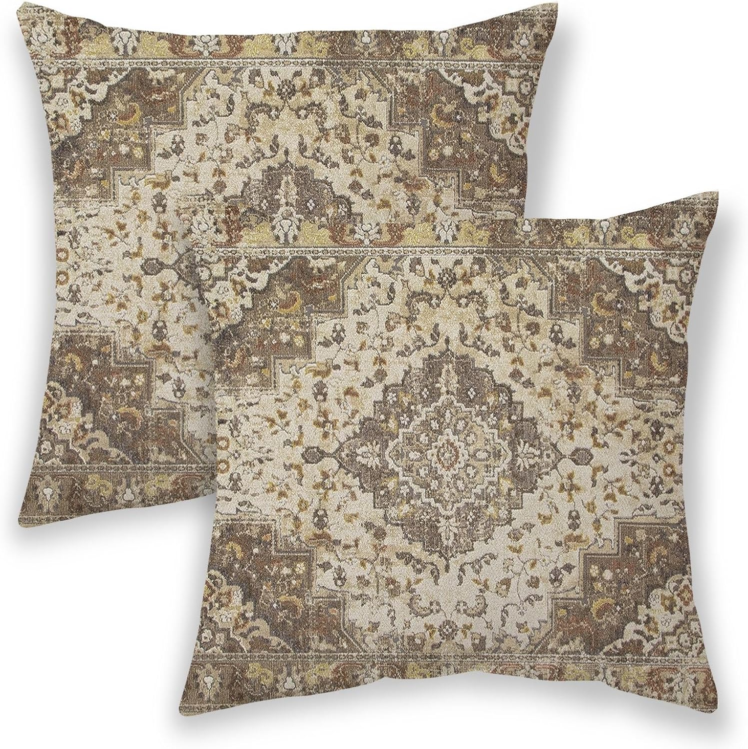 Boho Pillow Covers 18x18, Brown Ethnic Design Outdoor Decorative Throw Pillows for Couch, Beige Carpet Pattern Decor Cushion Cover 2 Pcs Farmhouse Linen Pillowcase for Bed Car Safa