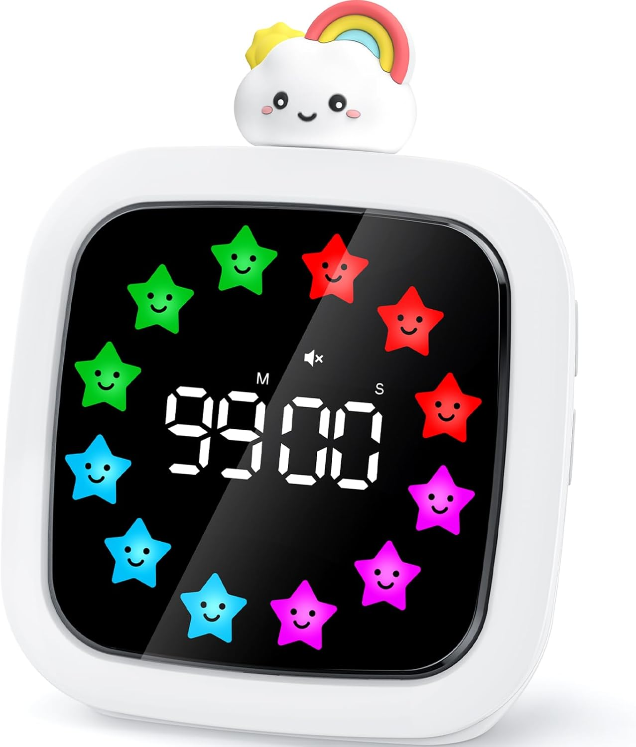 Digital Visual Timer for Kids, Rechargeable 99-Minute Silent Countdown Timer with 19 Ringtones, 9 Optional DIY Color Star Display, Time Management Tool with Pause Function (Rainbow)
