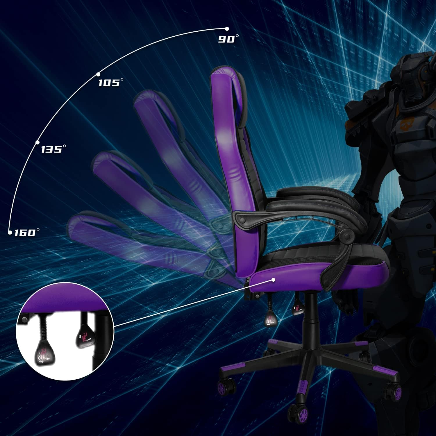 Ergonomic High-Back Gaming Chair for Adults and Teens, Comfortable Office Desk Chair with 350LBS Capacity, Recliner Racing Style in Purple