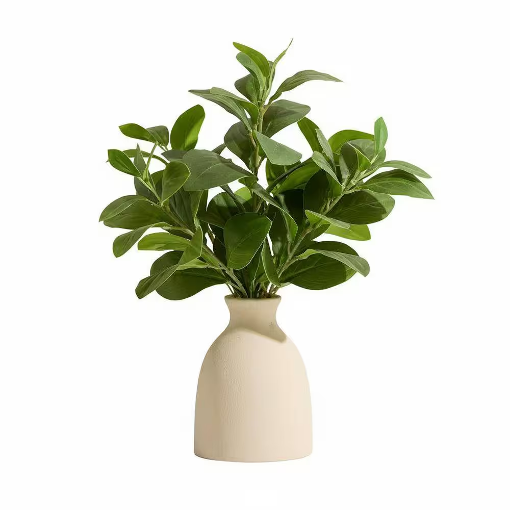 16 In. Beige Artificial Eucalyptus Stems - Potted Fake Plant with Vase for Home/Office Decor and Wedding Centerpieces