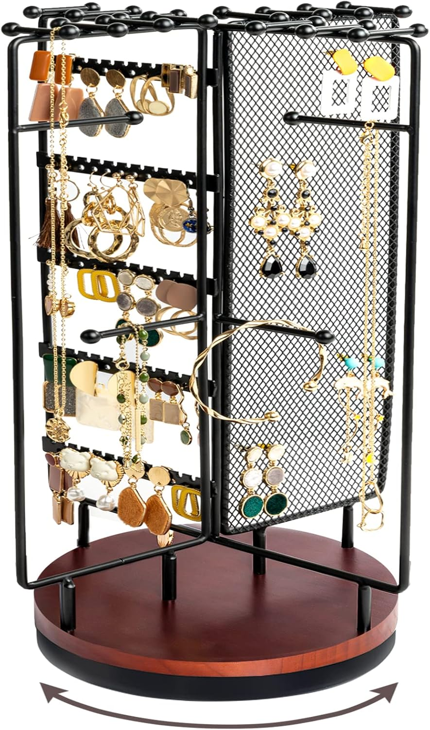 360 Rotating Jewelry Organizer Stand Earring Organizer Holds More than 100 Pairs Earrings, Spinning Necklace Holder Earring Holder Display Tower Rack for Necklaces Earrings Bracelets -Black