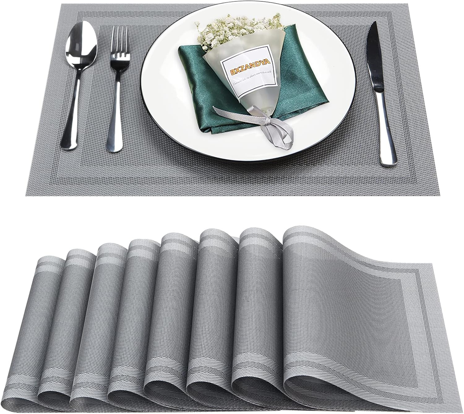 Placemats Set of 8,Washable,Heat and Stain Resistant Indoor/Outdoor Place Mats, Vinyl Woven Non Slip Table Mats for Restaurant Table Protection, PVC Table Placemats. (Dark Gray, 8PCS)