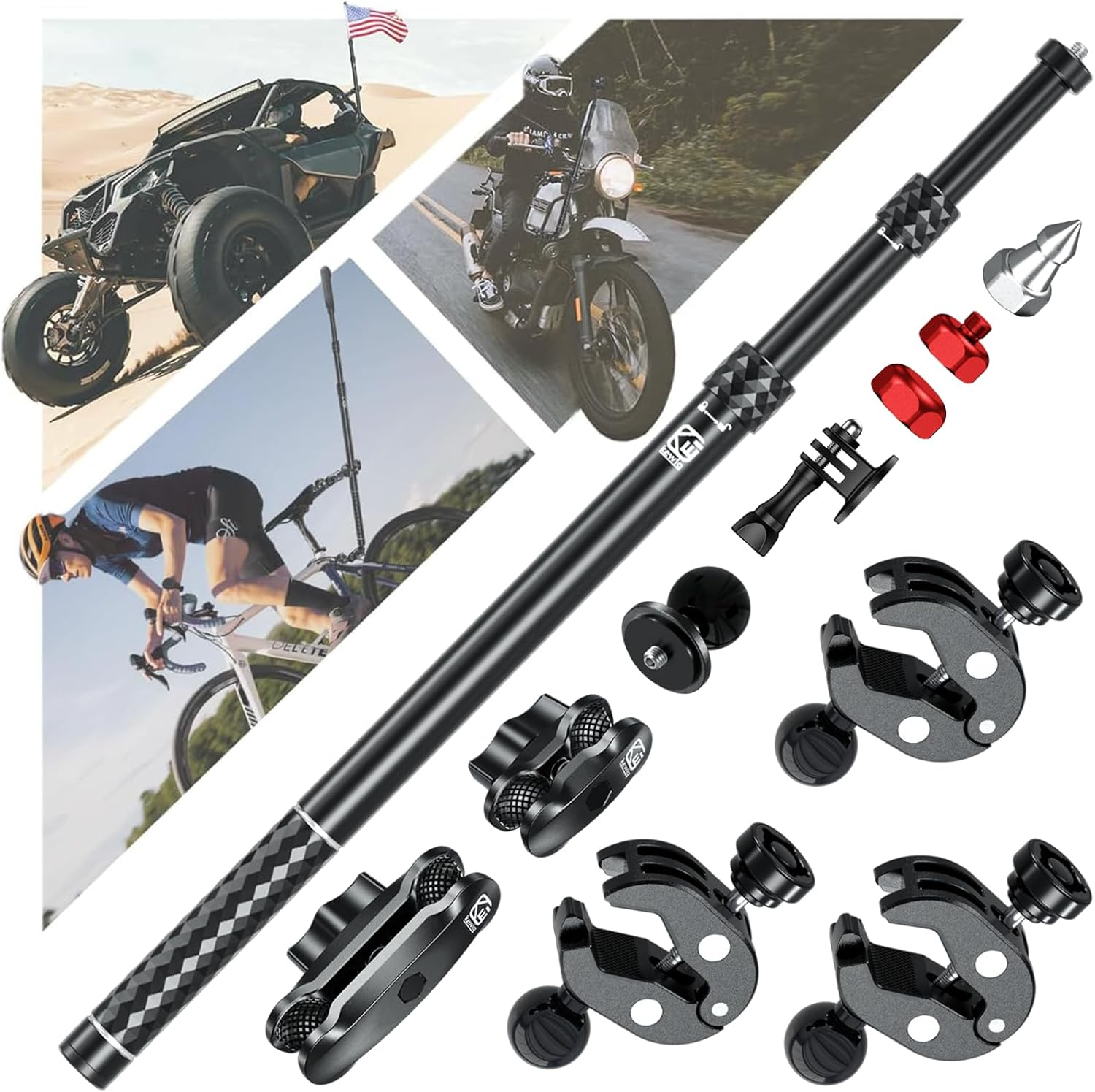 Aluminum Alloy Motorcycle Camera Mount Kit for Gopro Insta360 DJI, 360° Rotating Heavy-Duty Bike Handlebar Anti-Theft Clamp Mount with Extendable Selfie Stick for Motorcycle Bike ATV UTV