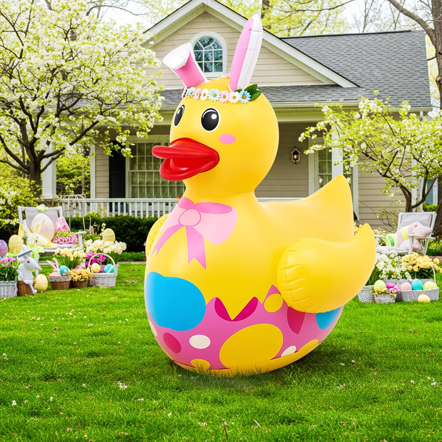1 Pc 4 Ft Easter Inflatable Duck Float Large Blow up Ducks Giant Rubber Duckies with Bunny Ears for Easter Party Decorations Prop Pool Yard Decoration,Air Pump Not Included