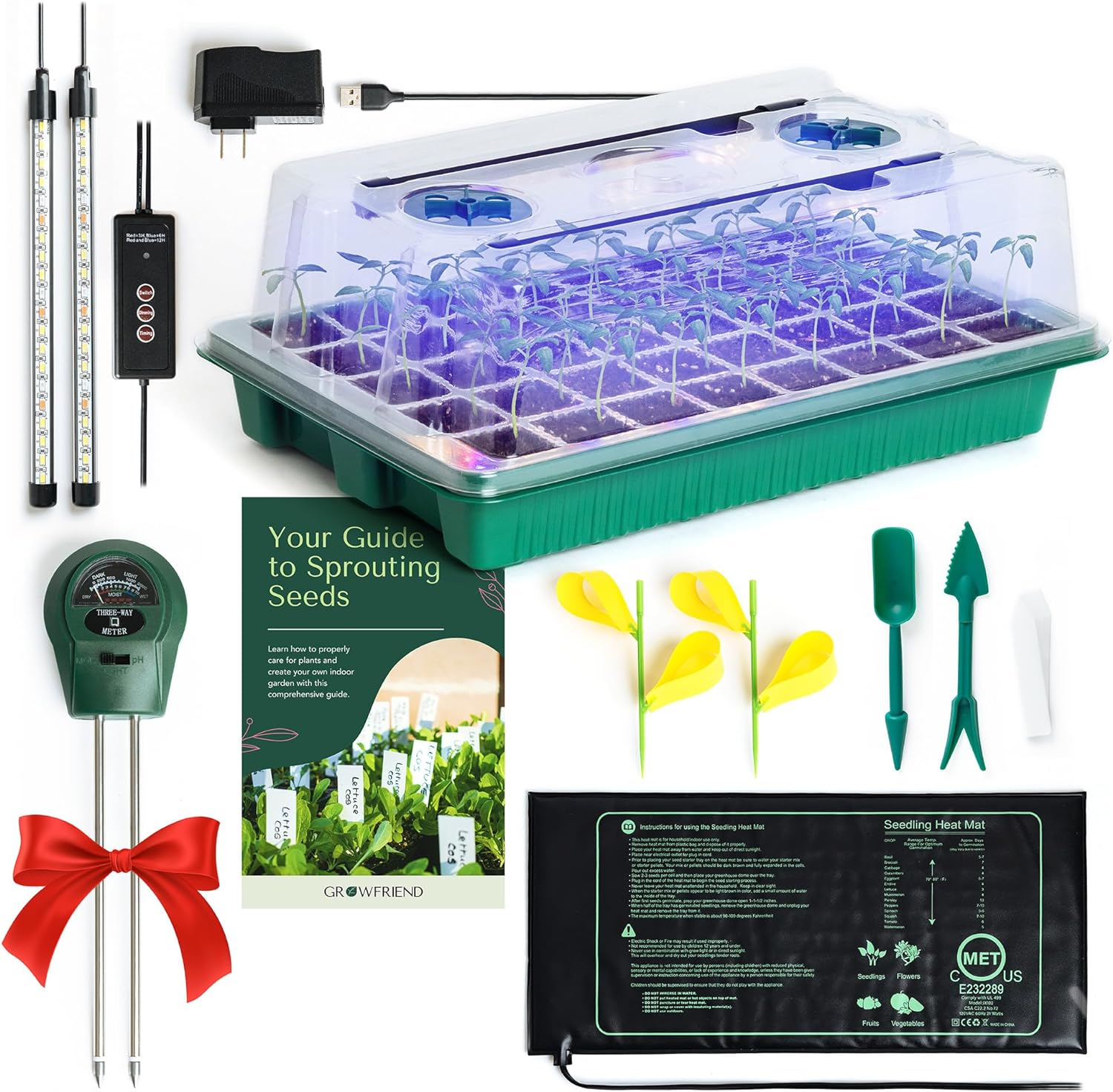 Upgraded Seed Starter Tray with Grow Lights and Heat Mat, 3-In-1 Soil Meter, & Sticky Gnat Traps, 40-Cell Seed Growing Tray, Germination & Plant Propagation Station for Indoor Plants