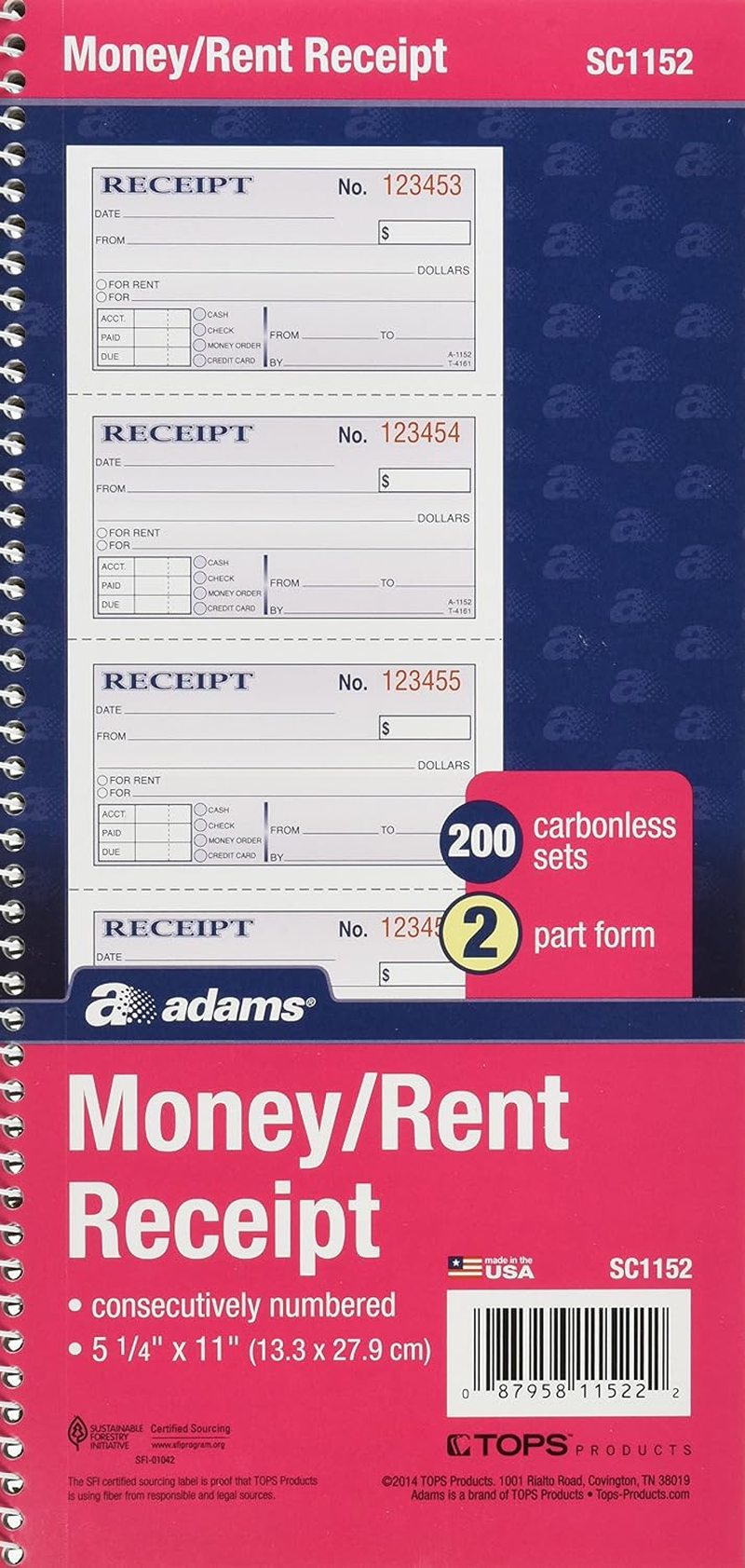 Money and Rent Receipt Book, 2-Part Carbonless, 5-1/4" X 11", Spiral Bound, 200 Sets per Book, 4 Receipts per Page (SC1152) (Pack of 25)
