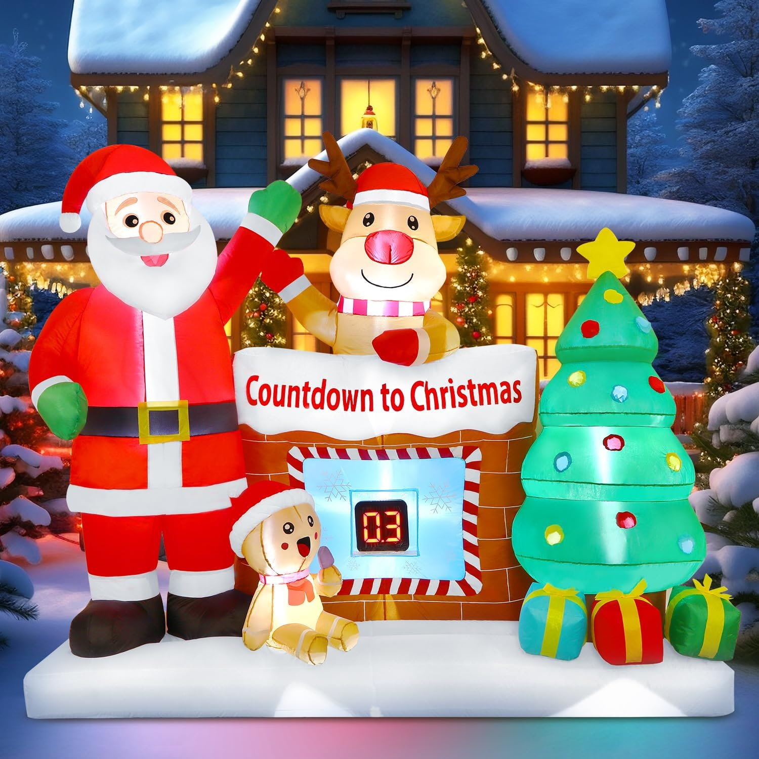 8FT Christmas Inflatable Outdoor Decorations with LED Christmas Countdown Clock, Snowman Santa, Deer and Christmas Tree Lighted Blow up Lawn Yard Clearance for Indoor Xmas Holiday Party Decor