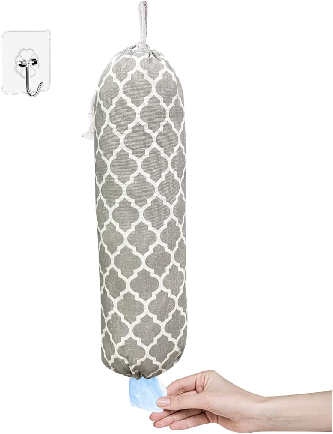 Plastic Bag Holder, Wall Mount Plastic Bag Organizer, Shopping Bags Carrier, Washable Large Grocery Bag Storage Dispenser ​For Home Kitchen Travelling, Free Adjustment with Drawstring (Grey Lantern)