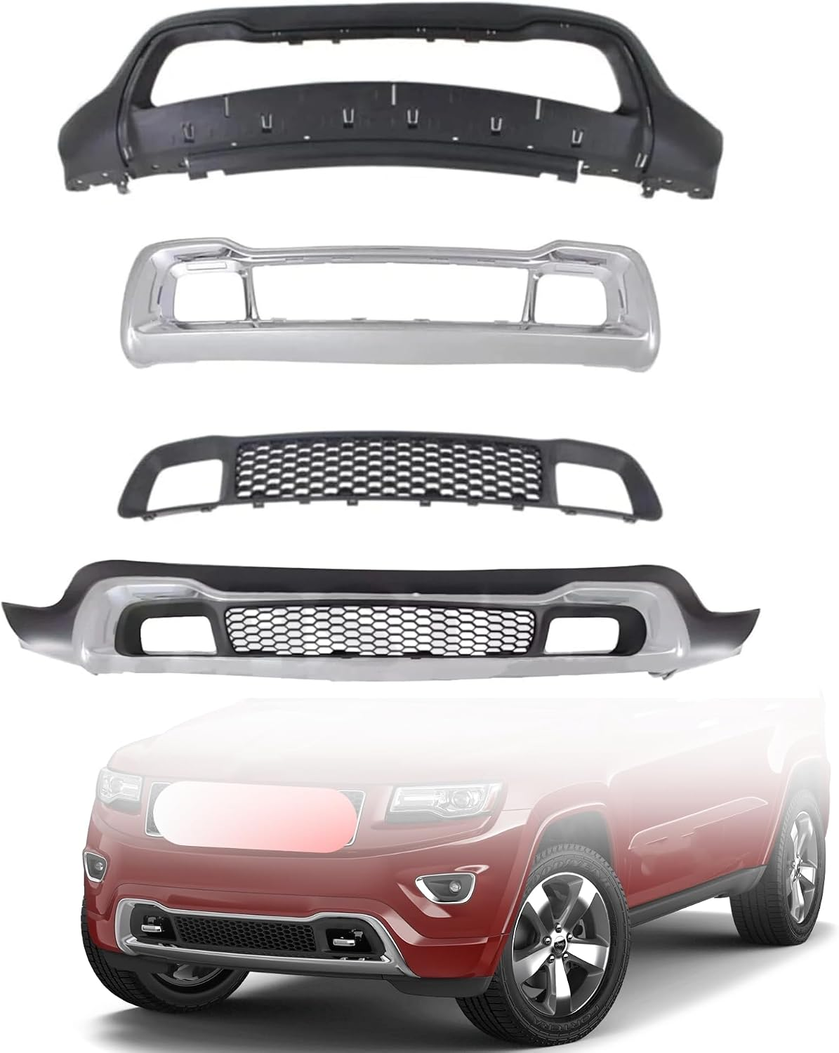 3PCS Front Bumper Cover & Bumper Grille Set Compatible with 2014 2015 2016 Jeep Grand Cherokee Replacement OE#68141936AD, 68143070AD, 68143076Ad,Partlink Number:Ch1015114C | CH1036128C | CH1037108C