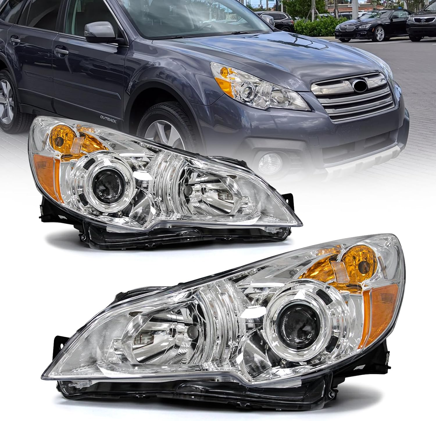 For 2010 2011 2012 2013 2014 Legacy/Outback Headlights Assembly Compatible with 2010-2014 Subaru Legacy/Outback Chrome Housing Clear Reflector Replacement Driver and Passenger Side