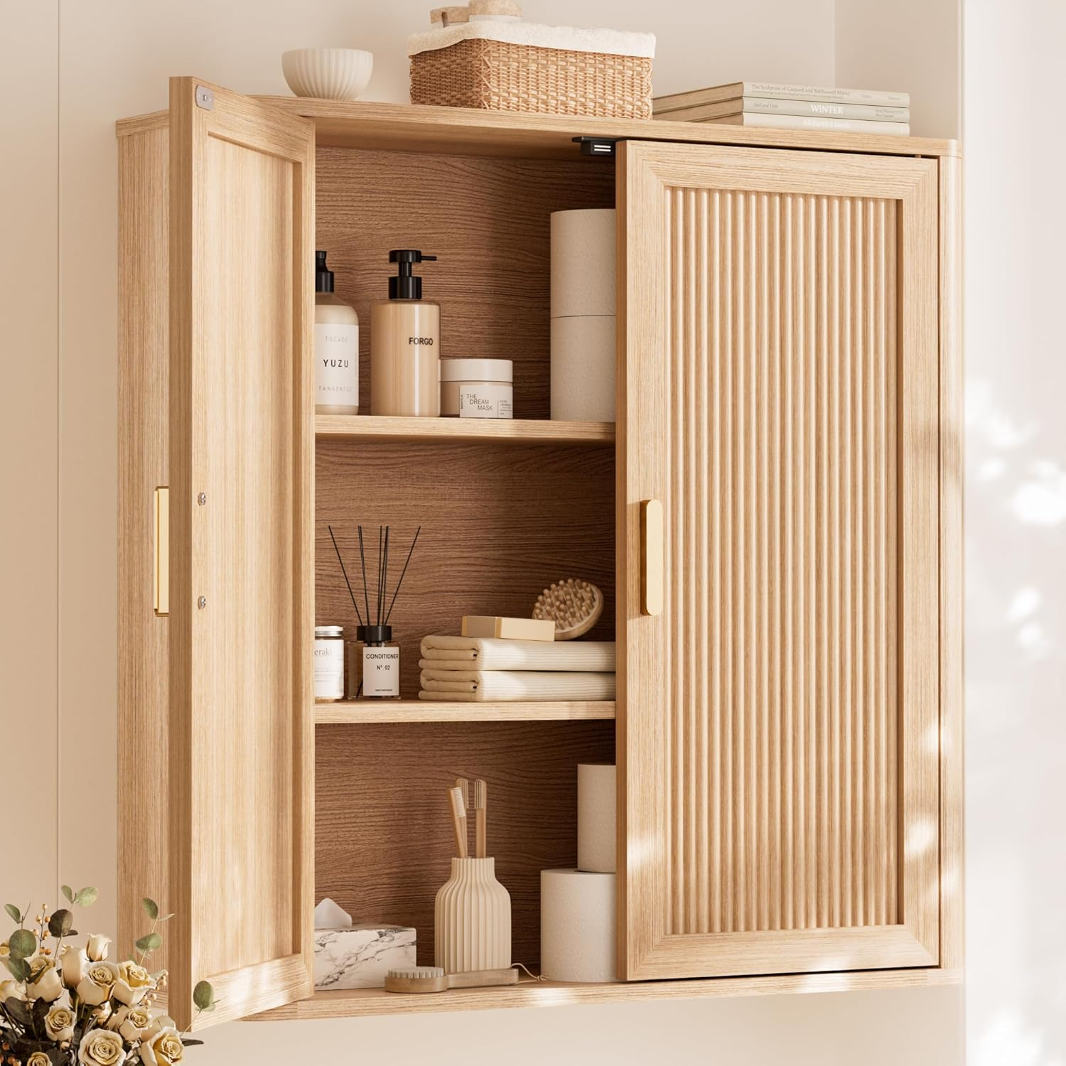 Bathroom Storage Cabinet, over the Toilet Storage Cabinet, Medicine Cabinet with Adjustable Wood Shelf & Doors for Laundry Room & Kitchen & Living Room (Natural Oak)