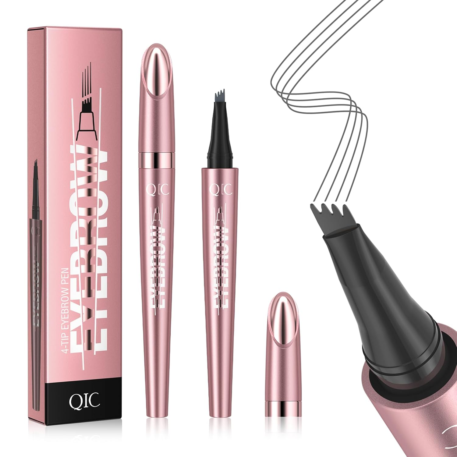 QIC 4-Tip Microblading Eyebrow Pen, Waterproof Brow Marker for Hair-Like Strokes, Quick-Dry Smudge-Resistant, Grey