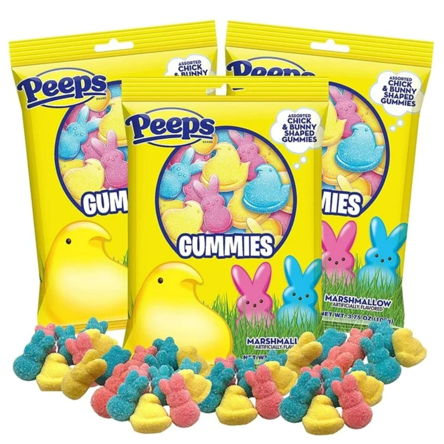 Easter Peeps Gummies, Marshmallow Flavored Bunnies and Chicks, Egg and Basket Stuffers Candy, (Pack of 3)