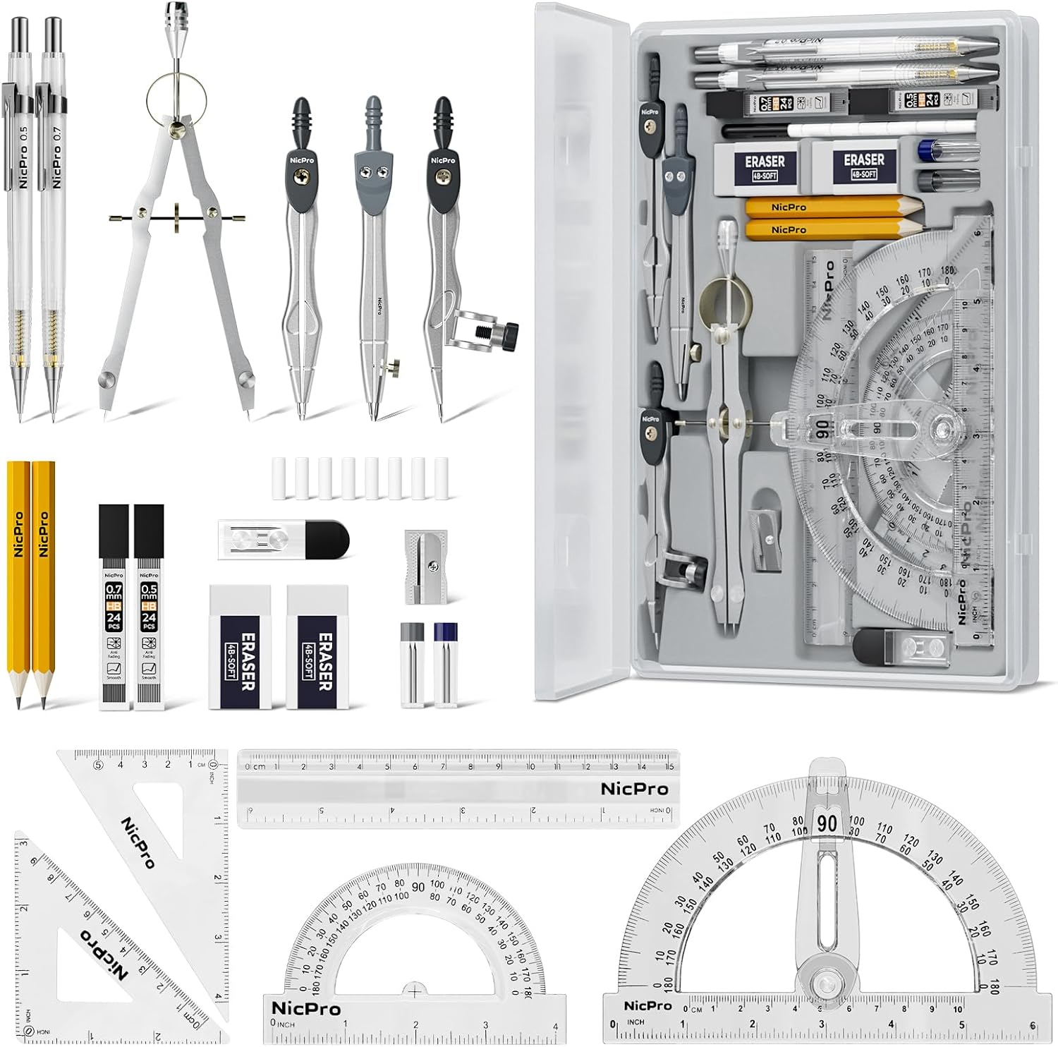 Nicpro 22 PCS Compass Geometry Tools with Case, Drafting Tools Geometry Set with Swing Arm Protractor, Rulers, Metal Compass, Square Set, Mechanical Pencil, Back to School Supplies for Students