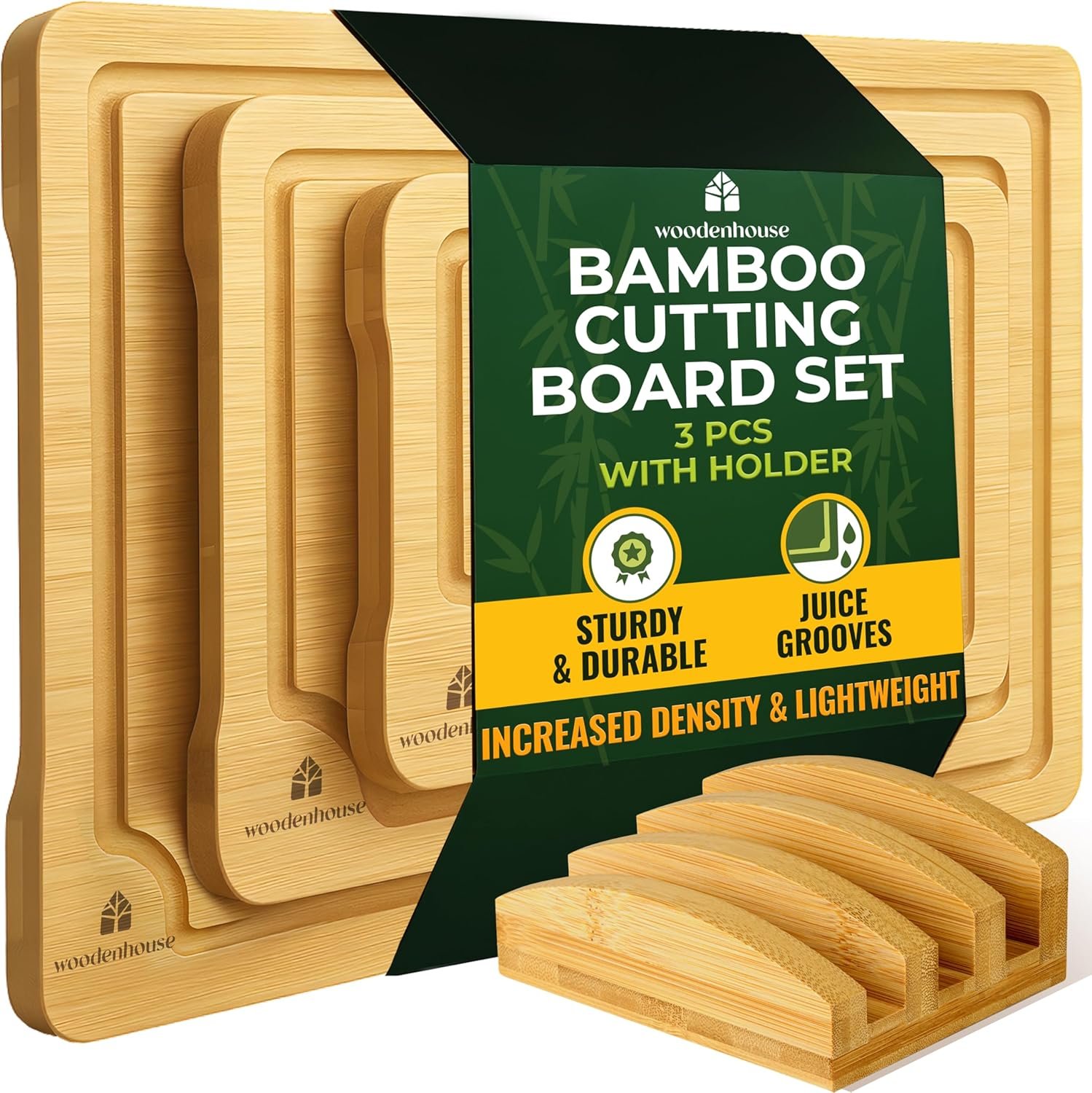 Bamboo Cutting Board Set of 3 with Holder – Durable Wooden Boards for Kitchen, Chopping & Serving – Eco-Friendly by