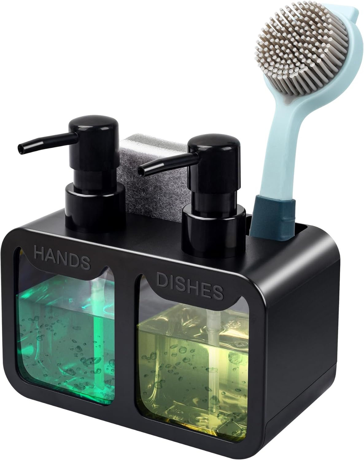 Kitchen Hand Soap and Dish Soap Dispenser Set, Dual Soap Dispenser with Sponge Caddy and Brush Holder 4-In-1 Organizer for Kitchen Sink Countertop, Useful Kitchen Gadgets - Black
