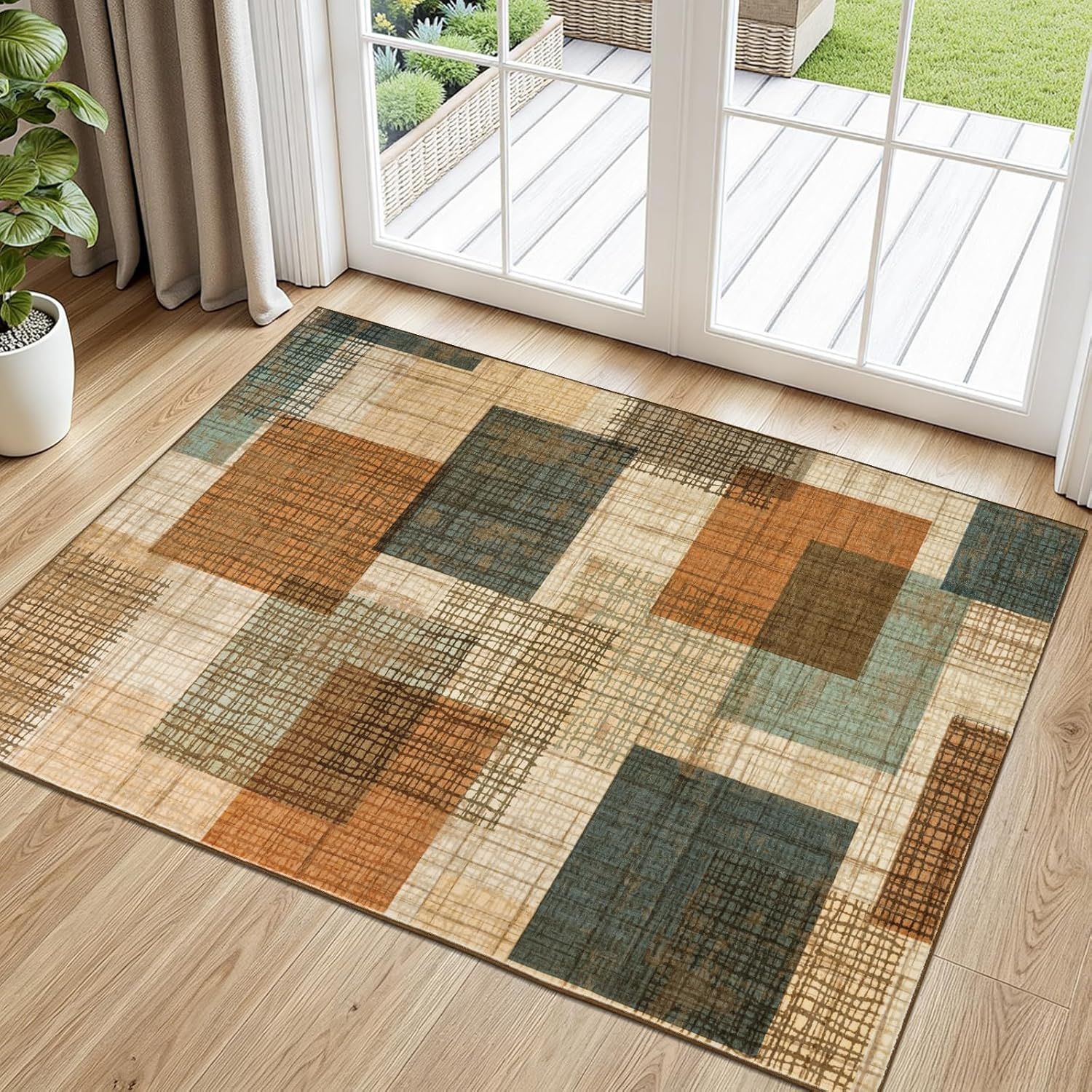 Area Rugs 2x3 Kitchen Rugs Entry Rug for Inside House, Modern Geometric Entryway Rug Non Slip Stain&Fade Resistant, Patchwork Area Rug for Entrance Bedroom Decor, Orange/Blue Multi