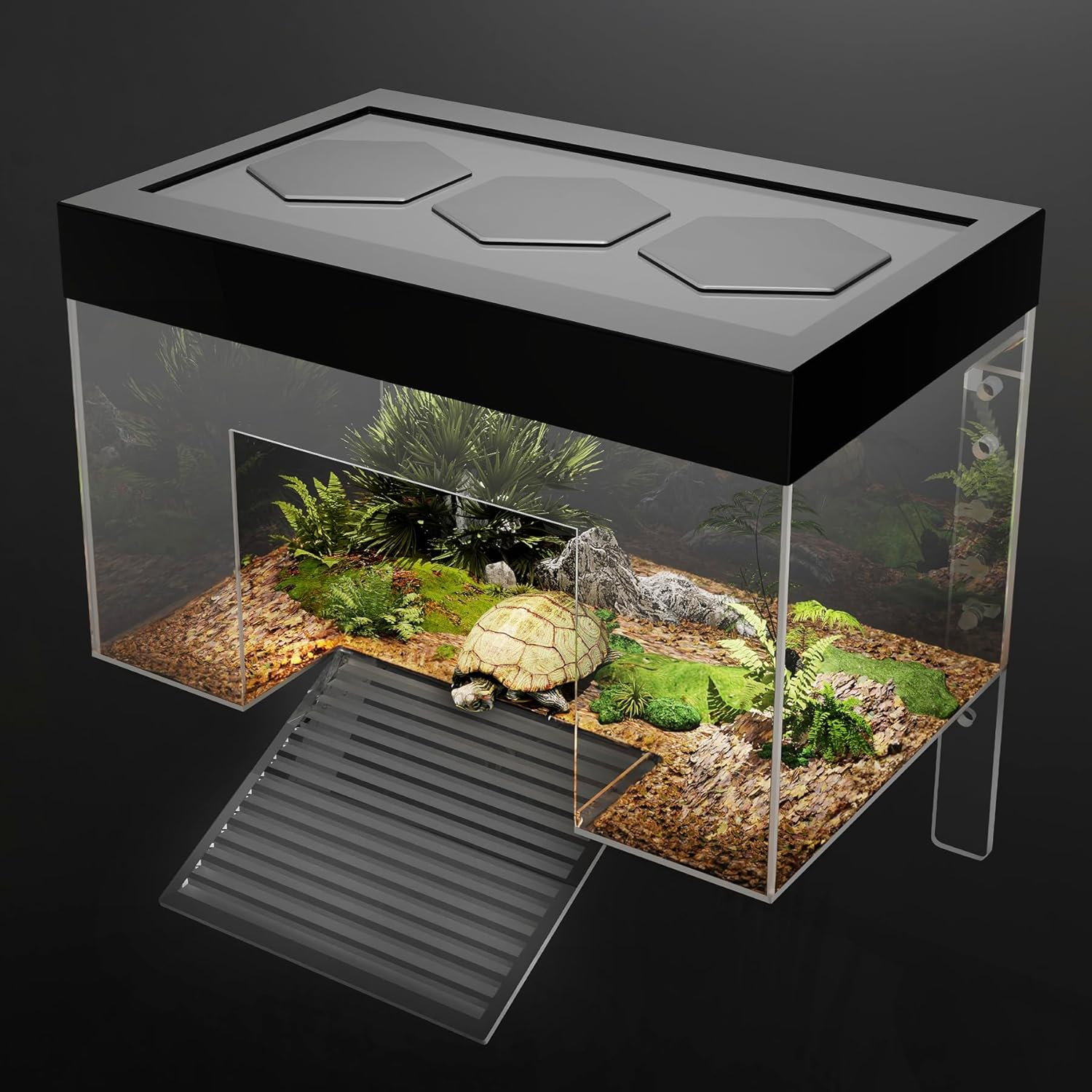 Turtle Basking Platform,9.8*6.2*6.2Inch Small Land Elevated Topper Decor,Red Eared Slider Hanging Habitat Enclosure Cage,Cuckold Tank with Lid,Tortoise House for Semi Aquatic Baby Terrapin