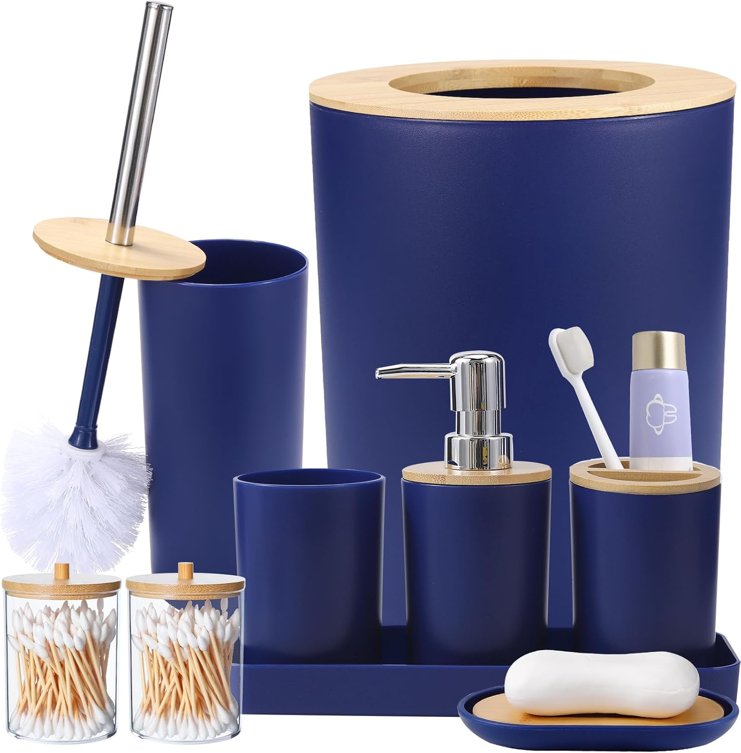 Blue Bathroom Accessories, 9-Piece Navy Blue Bathroom Accessories with Trash Can,Tray,Soap Dispenser,Toothbrush Holder,Toothbrush Cup,Soap Dish,Toilet Brush and Q-Tip Holders for Bathroom
