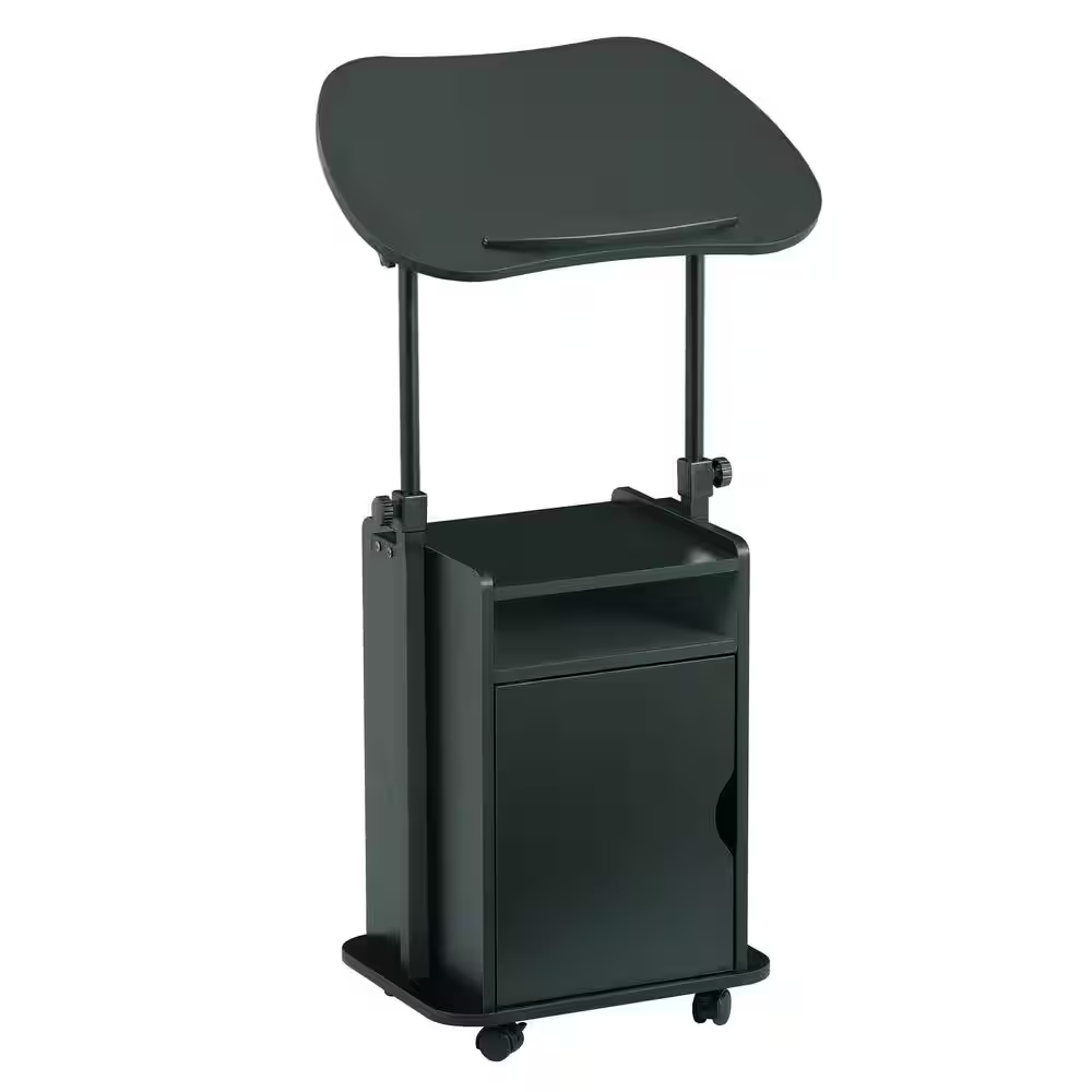 23.5 In. Black Rolling Laptop Desk with Adjustable Height and Storage Cabinet