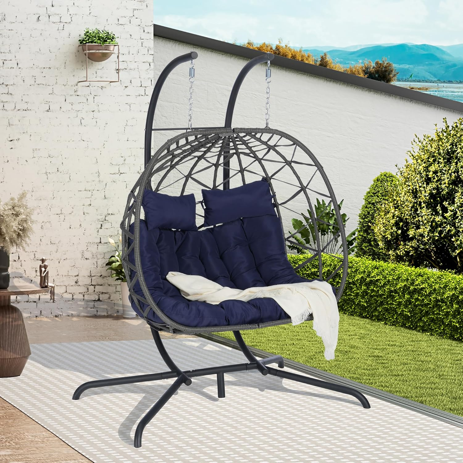 Double Swing Egg Chair with Stand, Patio Rattan Wicker Hammock Egg Chair with UV Cushion, 2 Person Outdoor Indoor Hanging Basket Chair, 600LBS Capacity for Balcony, Dark Blue and Gray