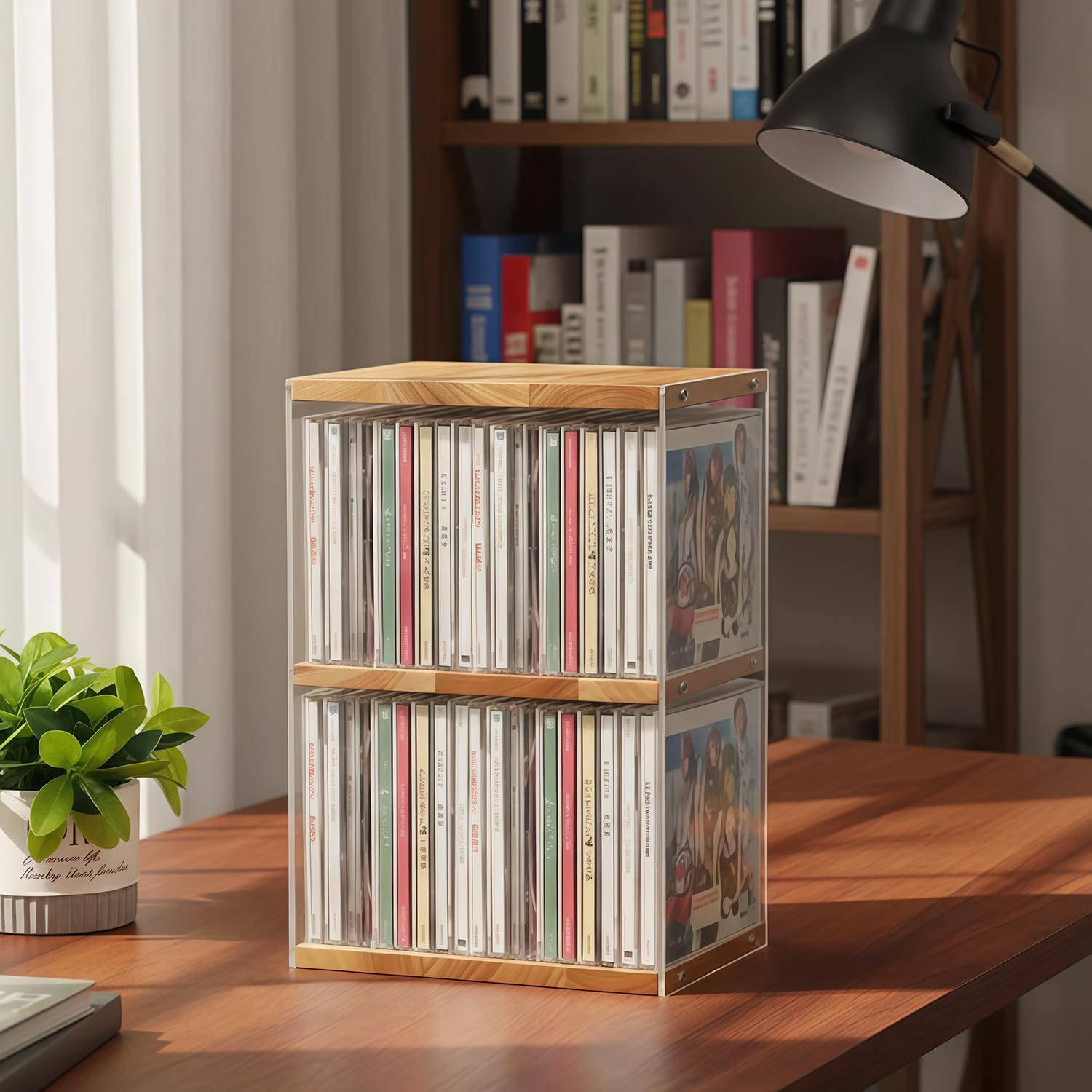 CD Storage Rack, Wooden CD Holder Organizer for Desk, CD Display Shelf for Game & Music Discs, Holds 40 CD Cases, Space Saving CD Rack for Home Office
