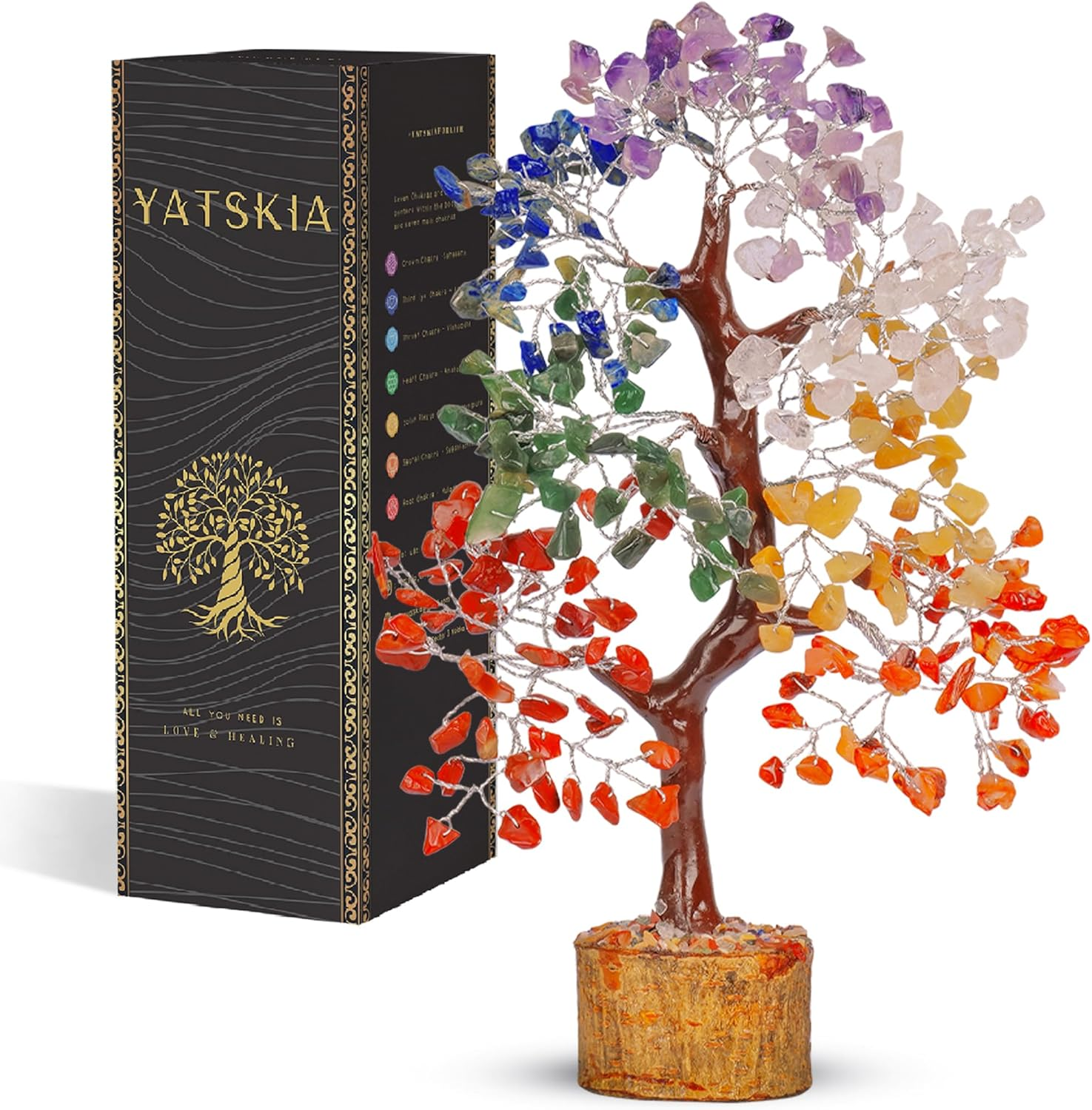 Yatskia Chakra Tree of Life - Crystals and Healing Stones - Feng Shui Decor - Meditation Accessories - Gift for Spiritual People - Handmade Crystal Tree with Seven Natural Chakra Crystals