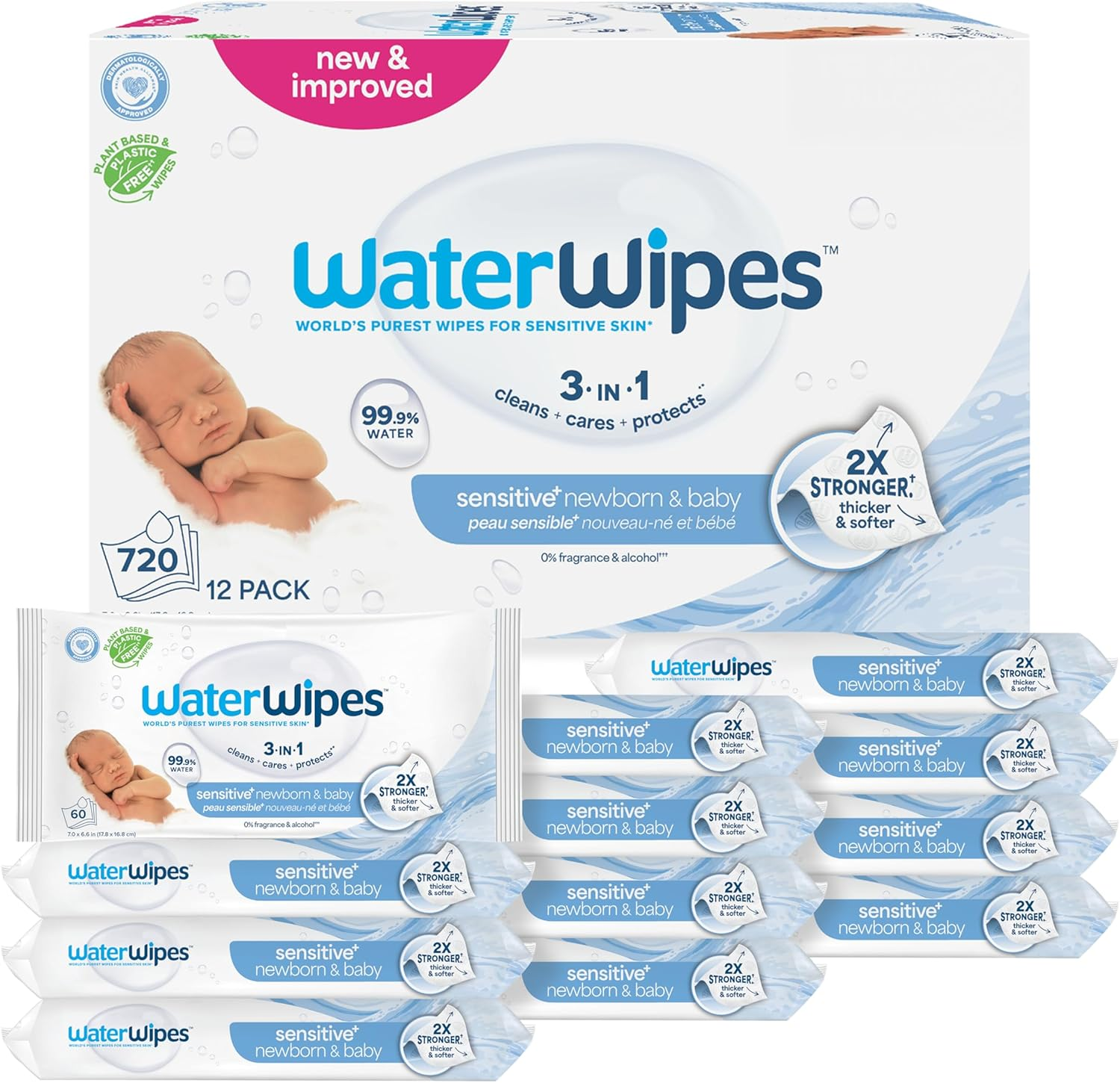Waterwipes Sensitive+ Newborn & Baby Wipes, 3-In-1 Cleans, Cares, Protects, 99.9% Water, Unscented & Hypoallergenic, 720 Count (12 Packs)